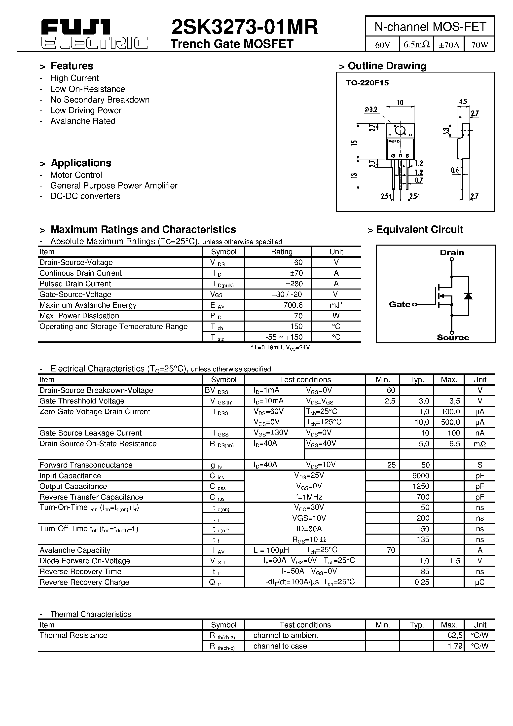 Datasheet 2SK3273-01MR - N-channel MOS-FET page 1