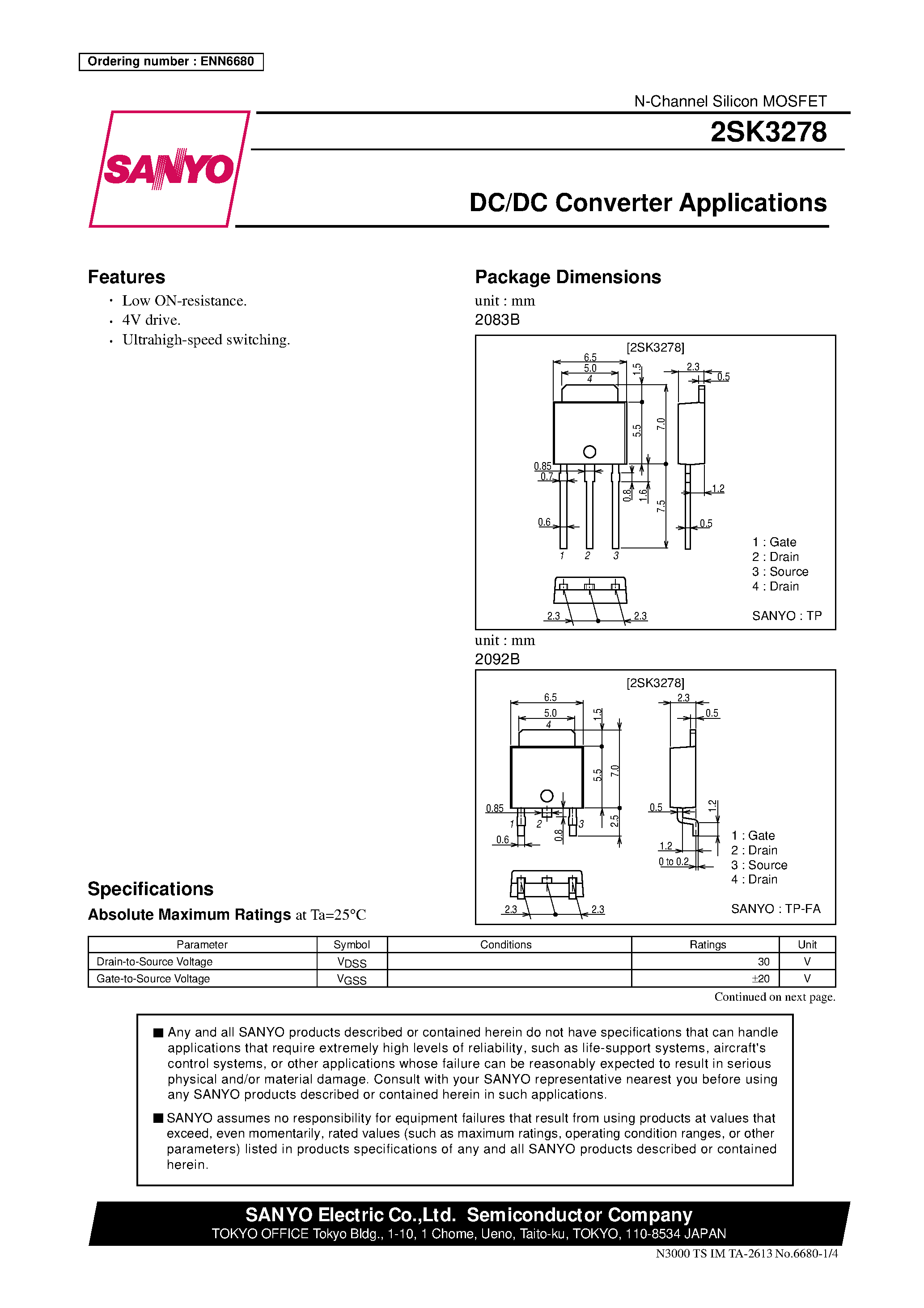 Даташит 2SK3278 - DC/DC Converter Applications страница 1