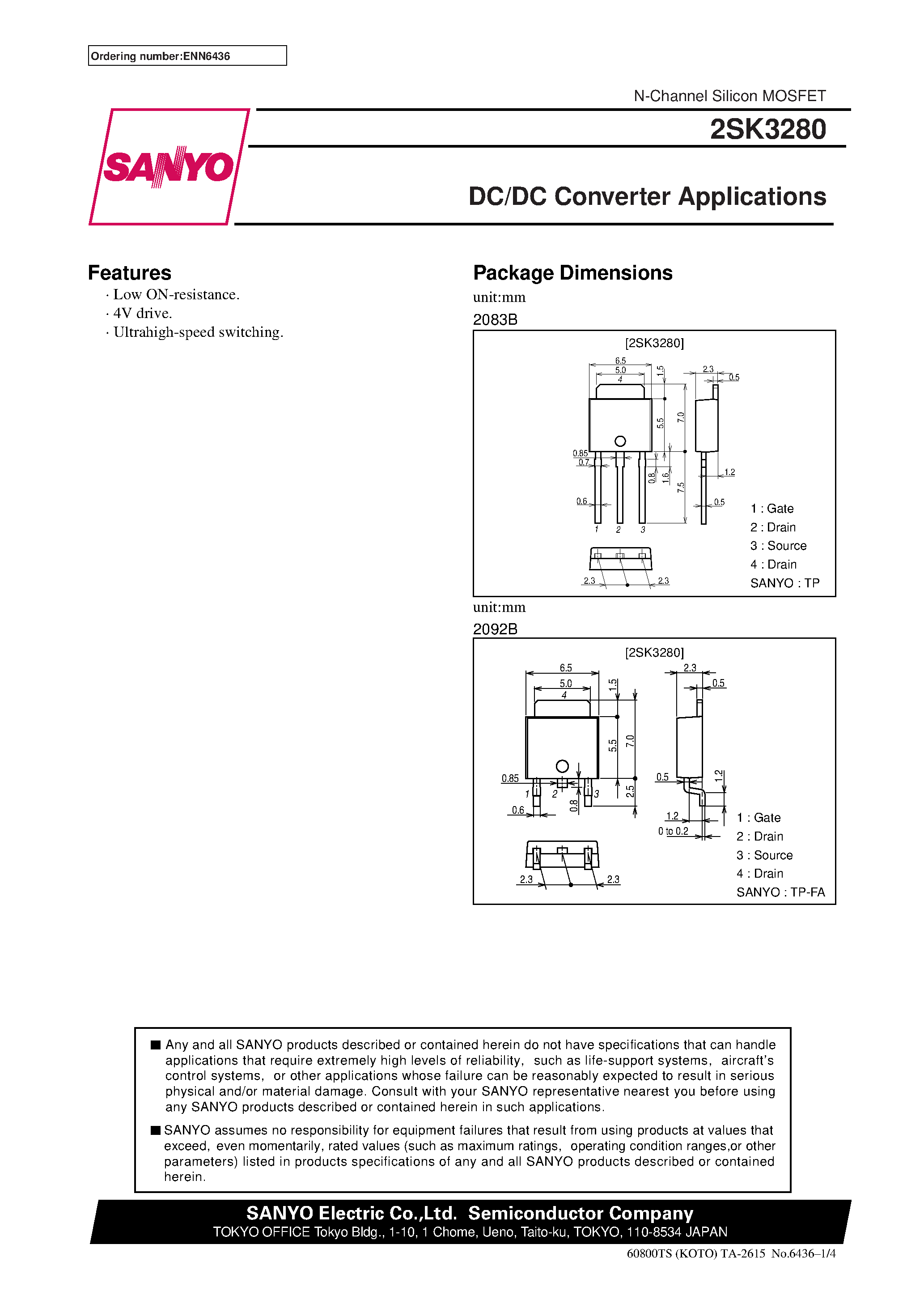 Даташит 2SK3280 - DC/DC Converter Applications страница 1