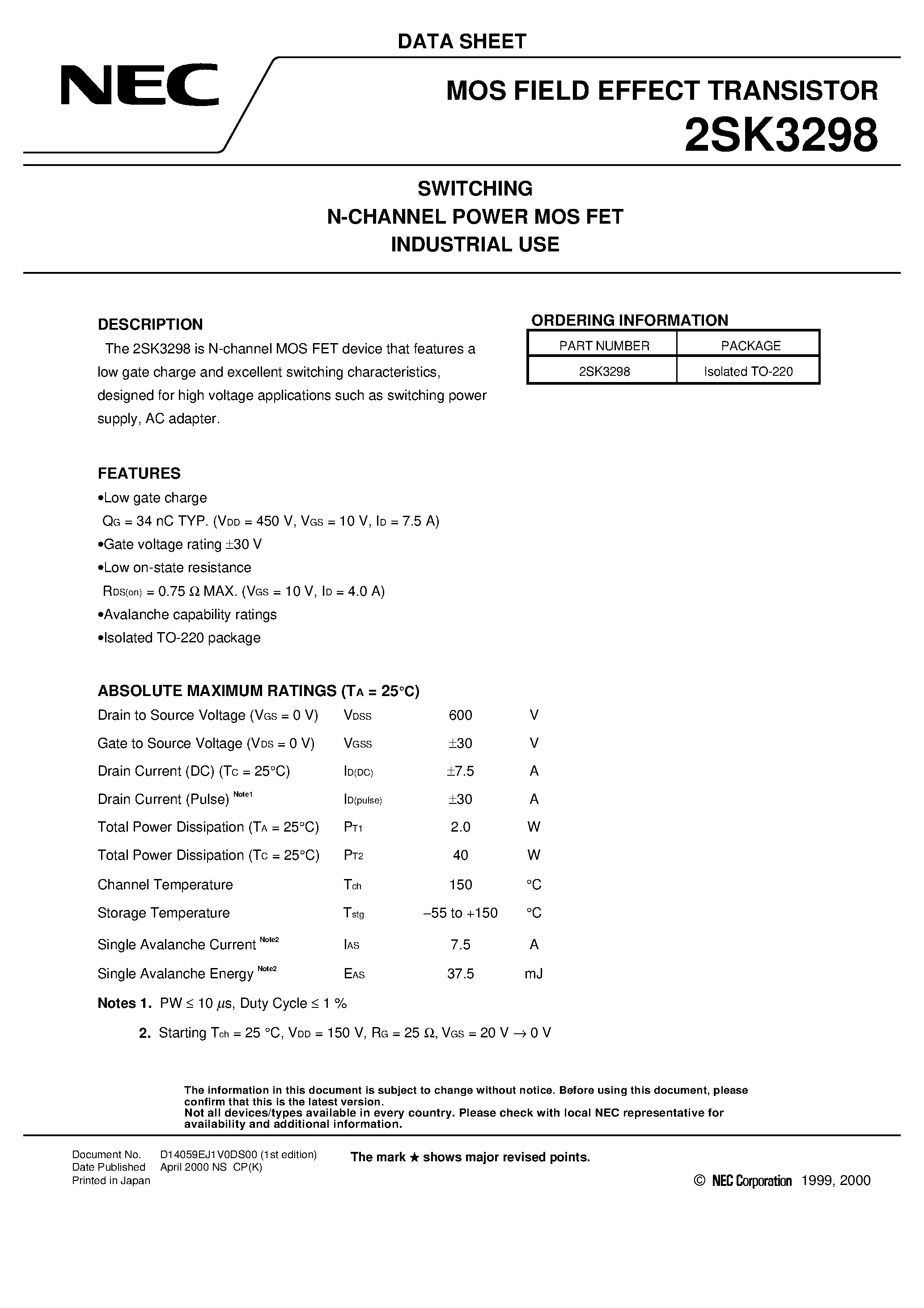 Datasheet 2SK3298 - SWITCHING N-CHANNEL POWER MOS FET INDUSTRIAL USE page 1