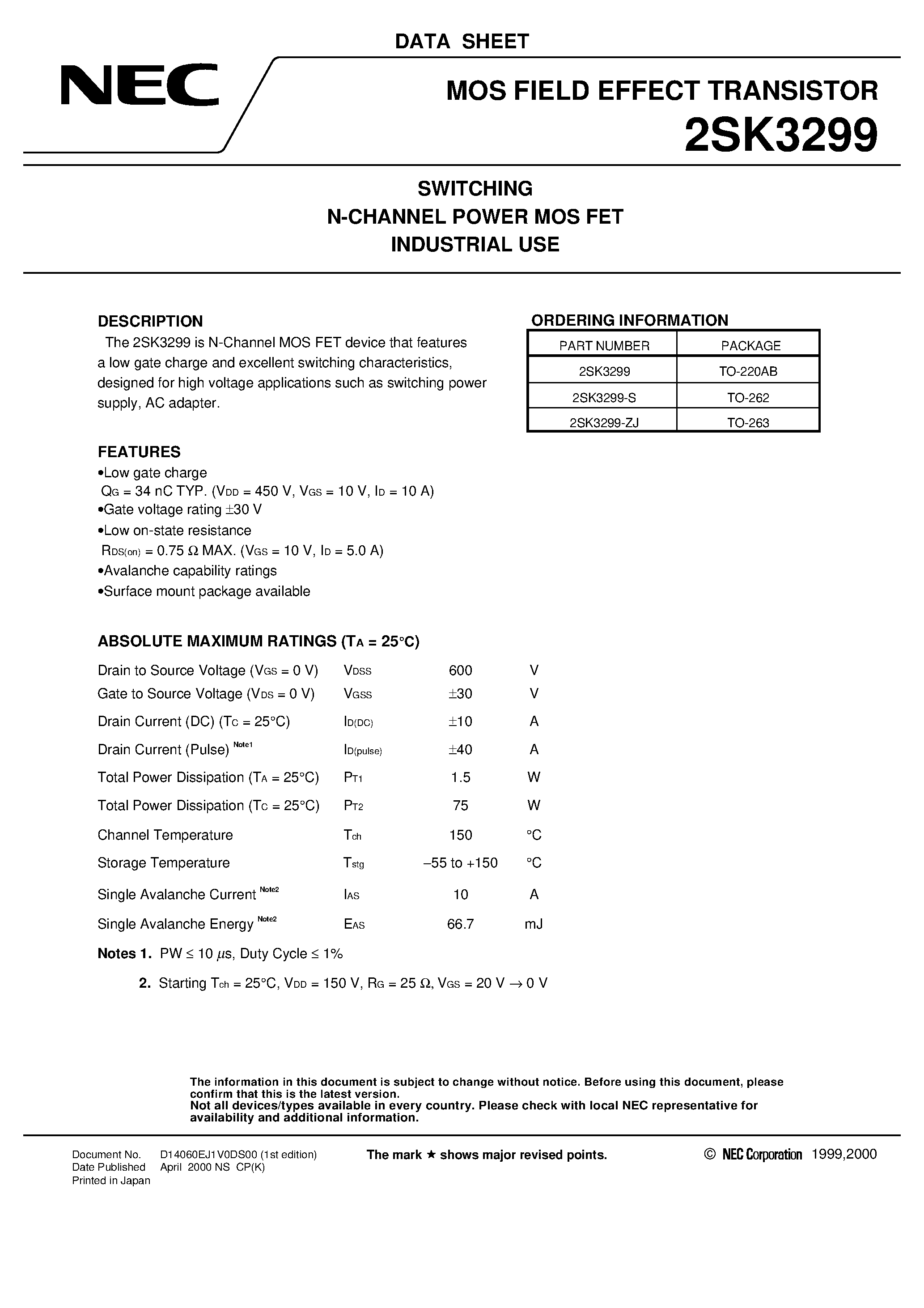 Datasheet 2SK3299-ZJ - SWITCHING N-CHANNEL POWER MOS FET INDUSTRIAL USE page 1