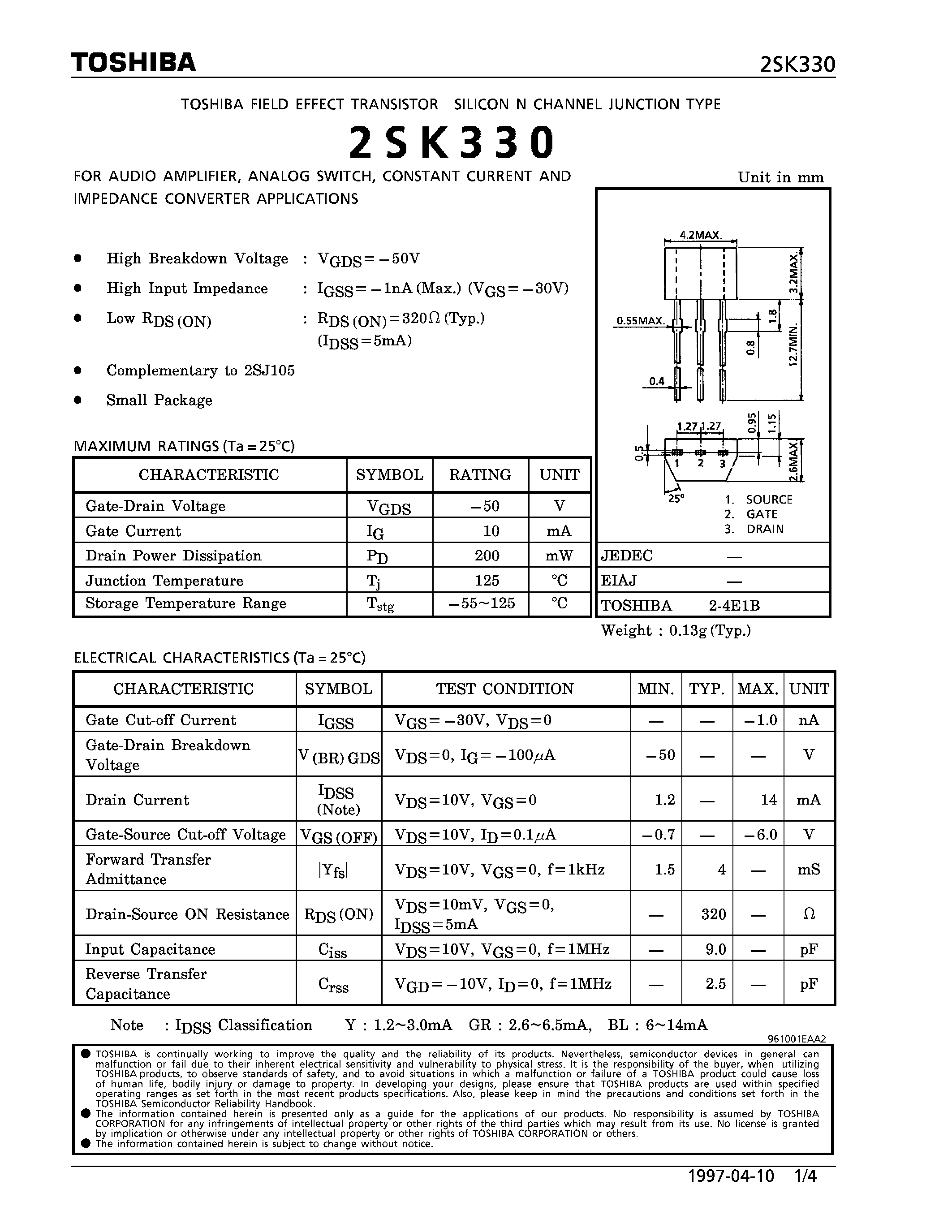 Datasheet 2SK330 - N CHANNEL JUNCTION TYPE (FOR AUDIO AMPLIFIER/ ANALOG SWITCH/ CONSTANT CURRENT AND IMPEDANCE CONVERTER APPLICATIONS) page 1