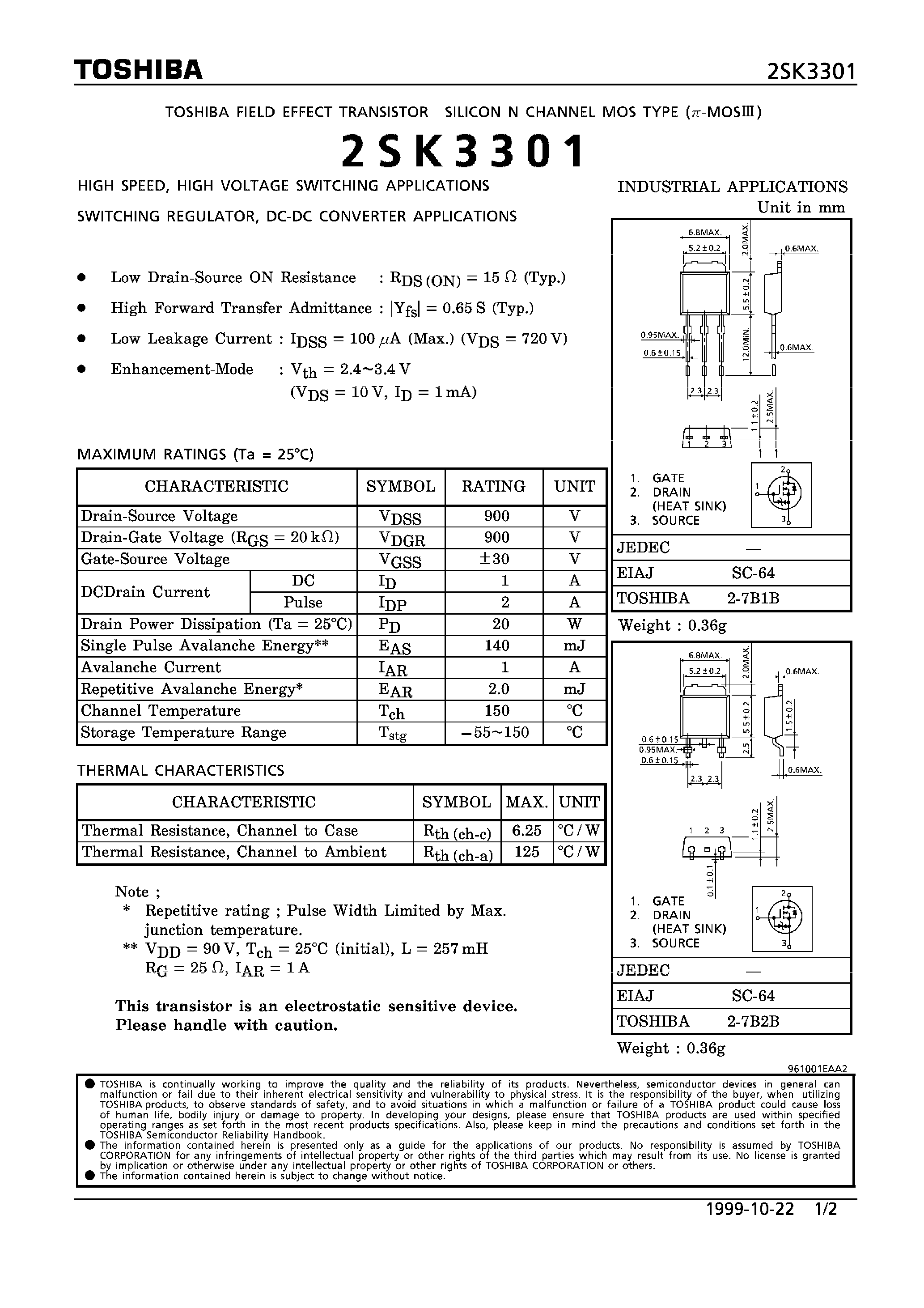 Datasheet 2SK3301 - N CHANNEL MOS TYPE (HIGH SPEED/ HIGH VOLTAGE SWITCHING/ SWITCHING REGULATOR/ DC-DC CONVERTER APPLICATIONS) page 1