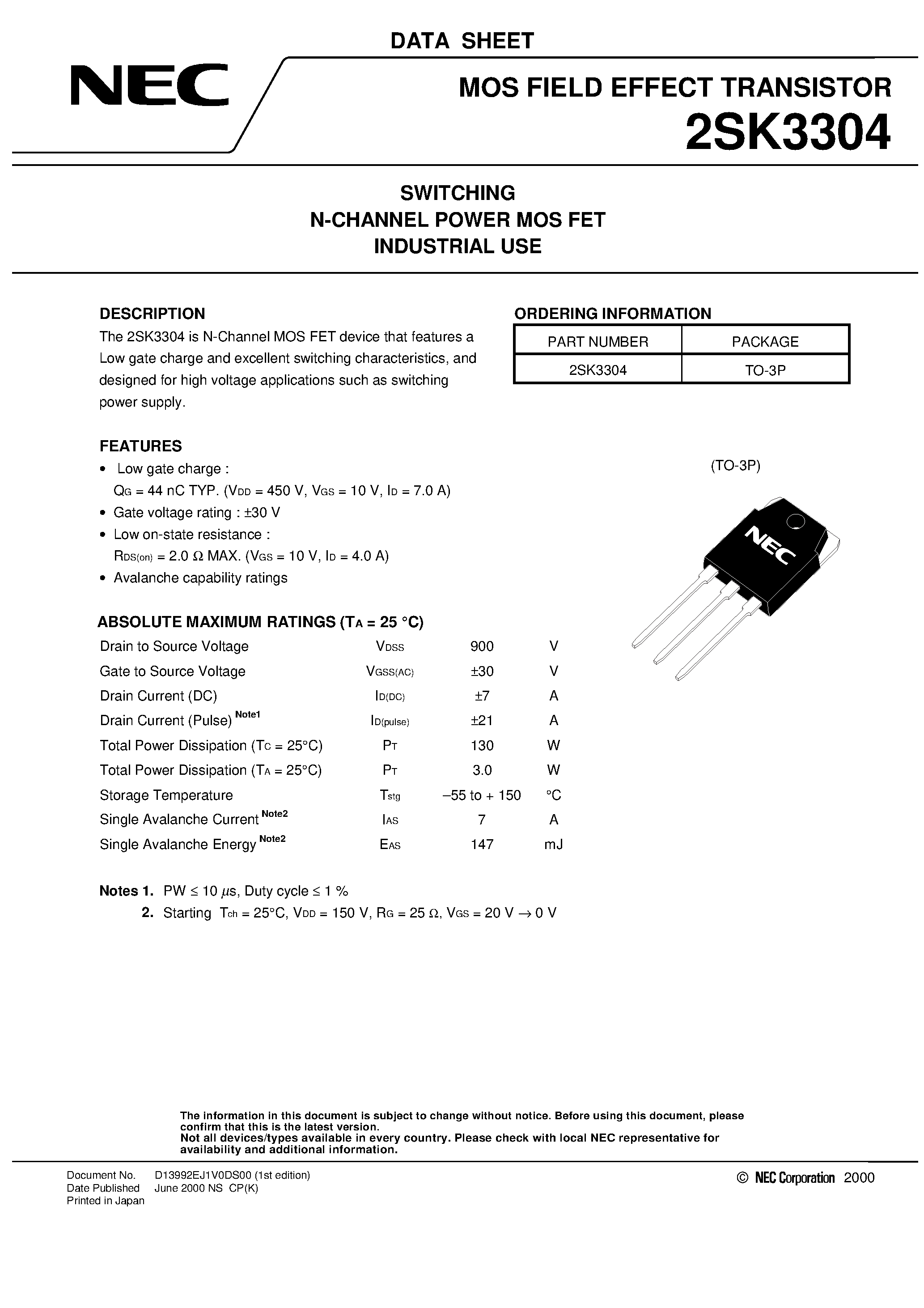 Datasheet 2SK3304 - SWITCHING N-CHANNEL POWER MOS FET INDUSTRIAL USE page 1