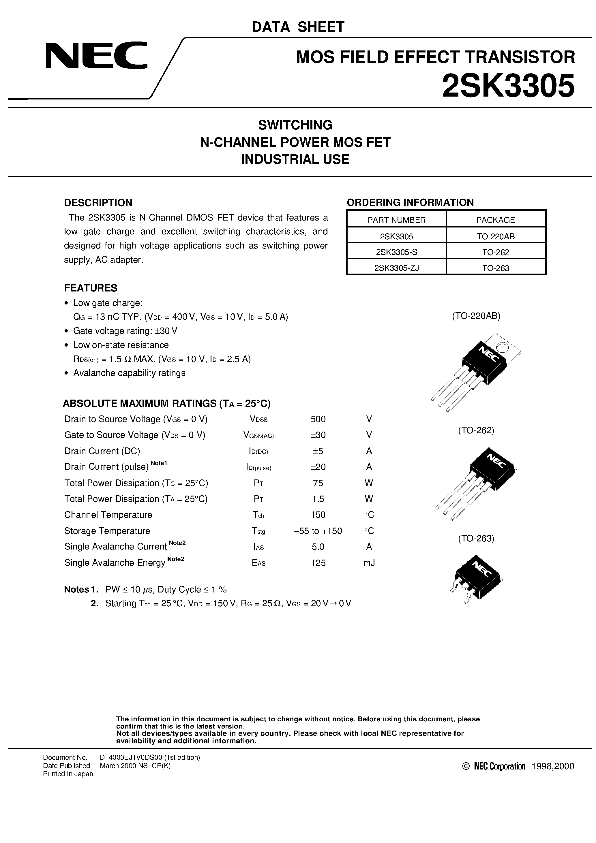 Datasheet 2SK3305-ZJ - SWITCHING N-CHANNEL POWER MOS FET INDUSTRIAL USE page 1
