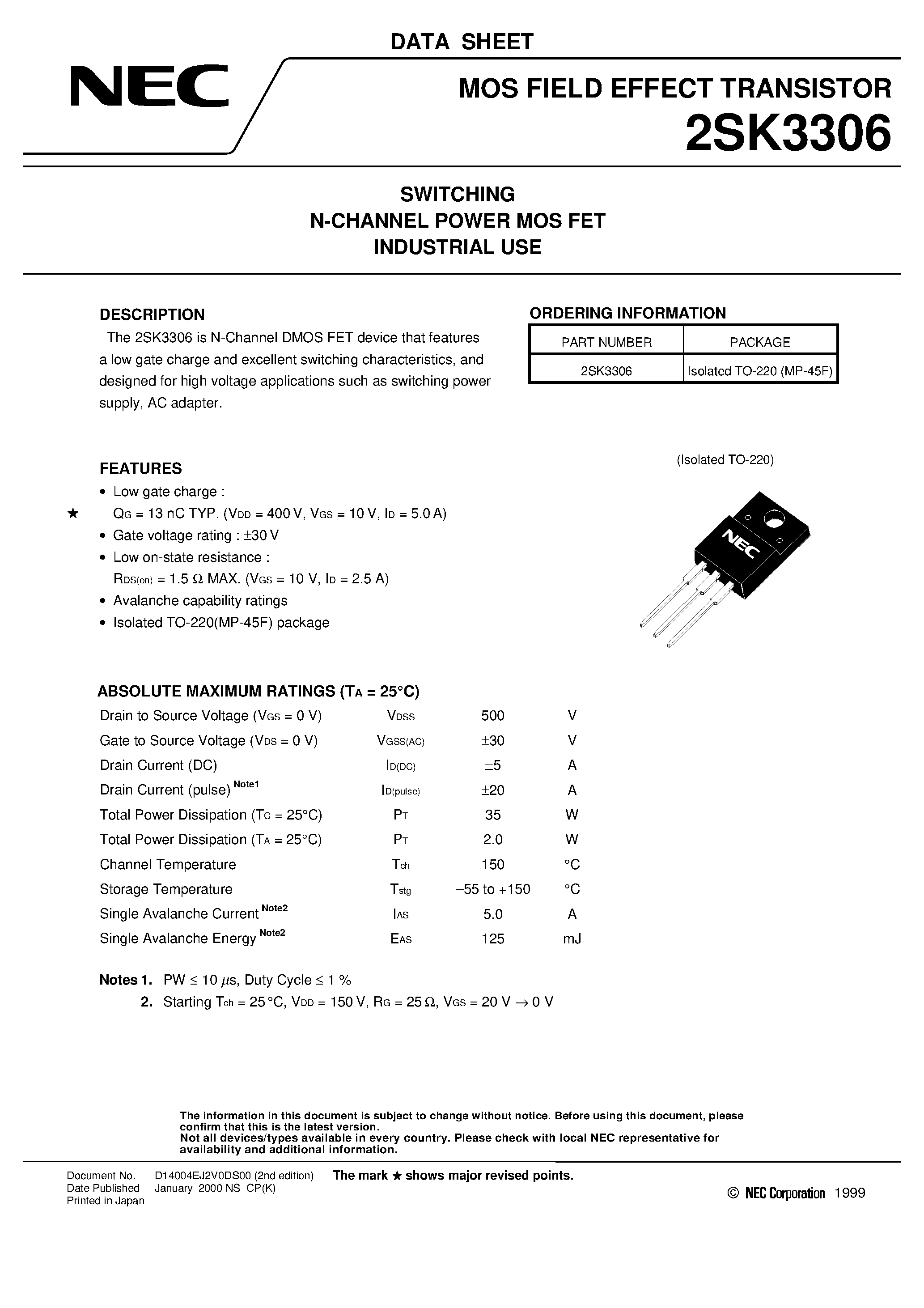 Datasheet 2SK3306 - SWITCHING N-CHANNEL POWER MOS FET INDUSTRIAL USE page 1
