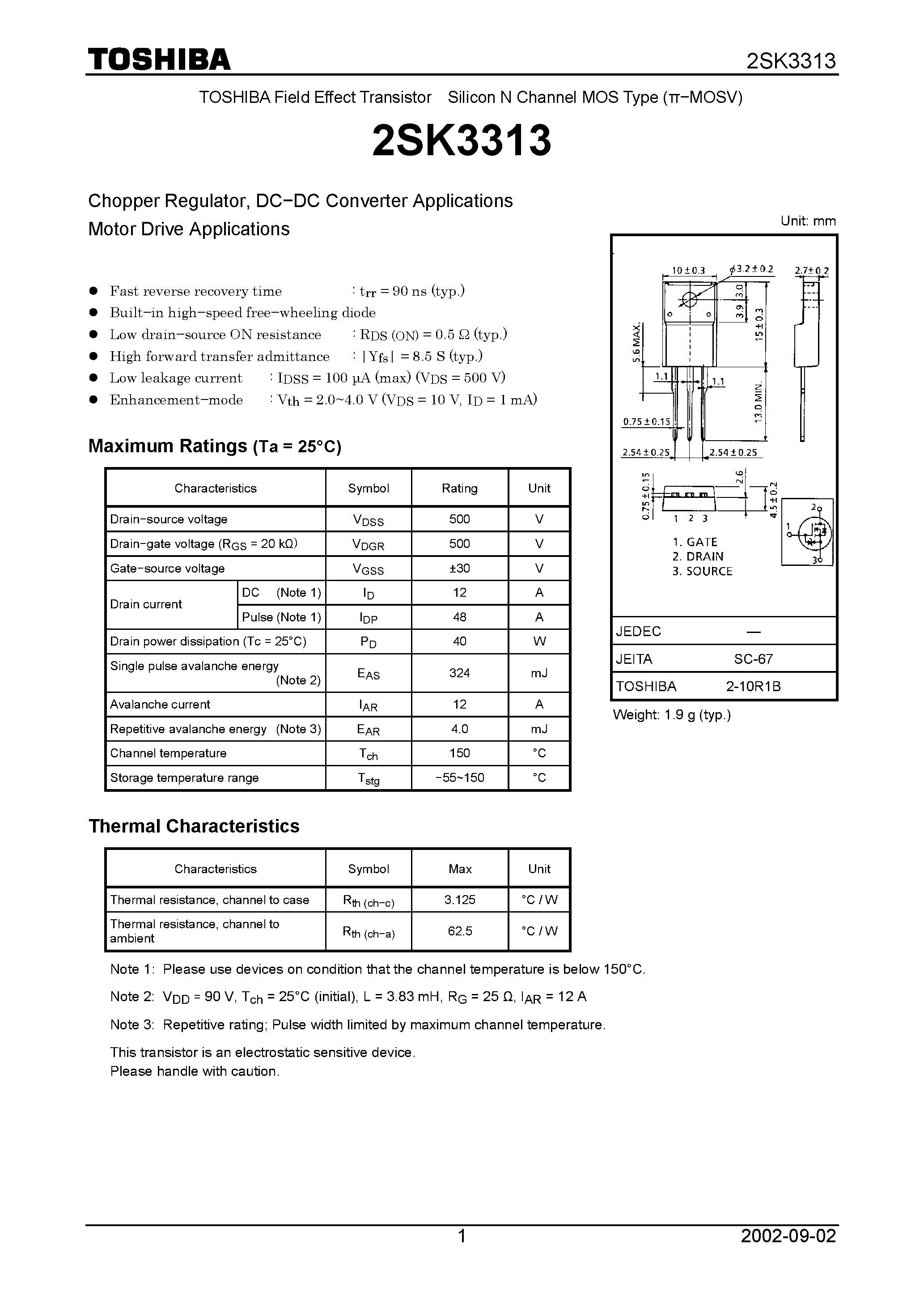 Даташит 2SK3313 - Chopper Regulator/ DC−DC Converter Applications Motor Drive Applications страница 1