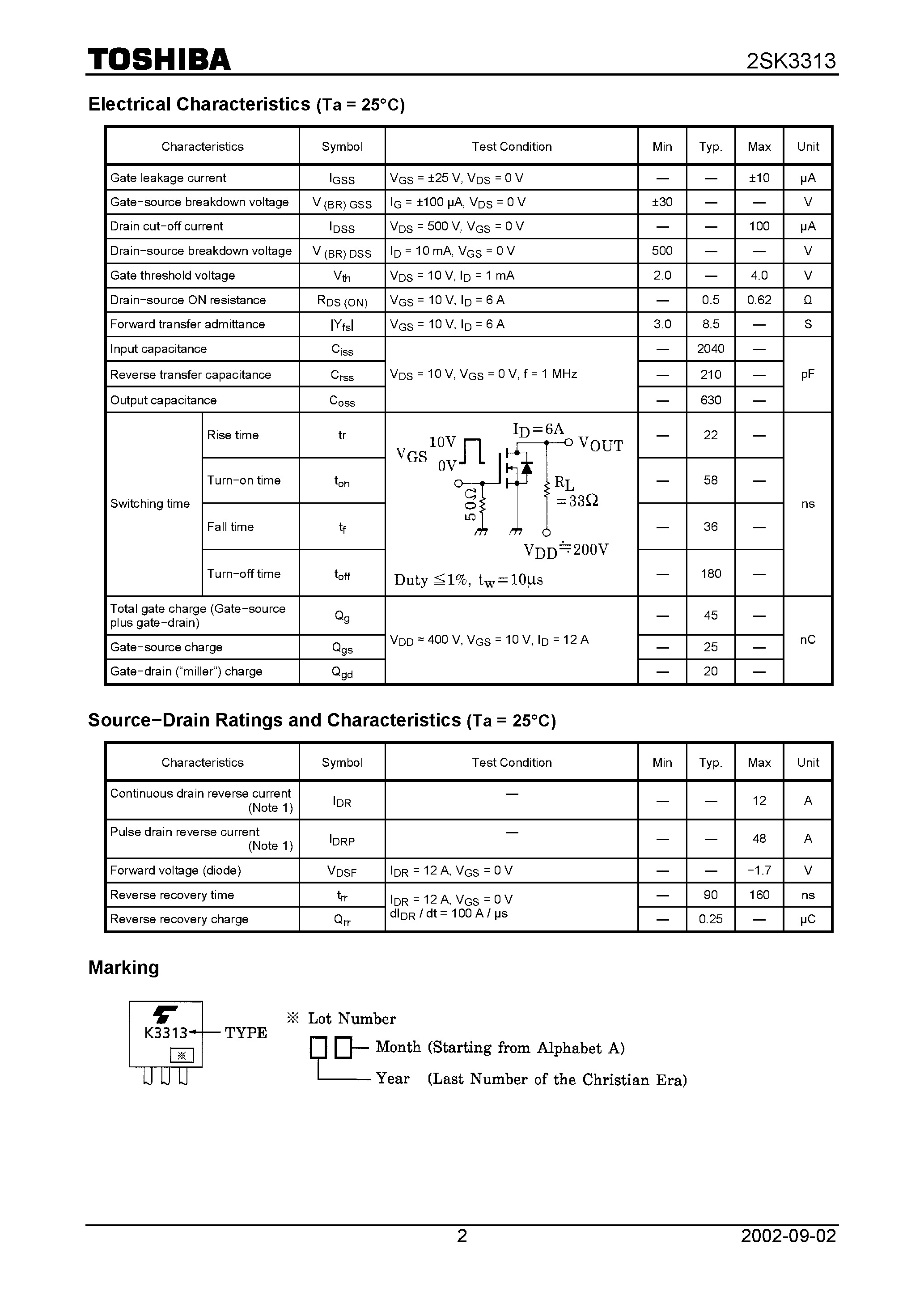 Даташит 2SK3313 - Chopper Regulator/ DC−DC Converter Applications Motor Drive Applications страница 2