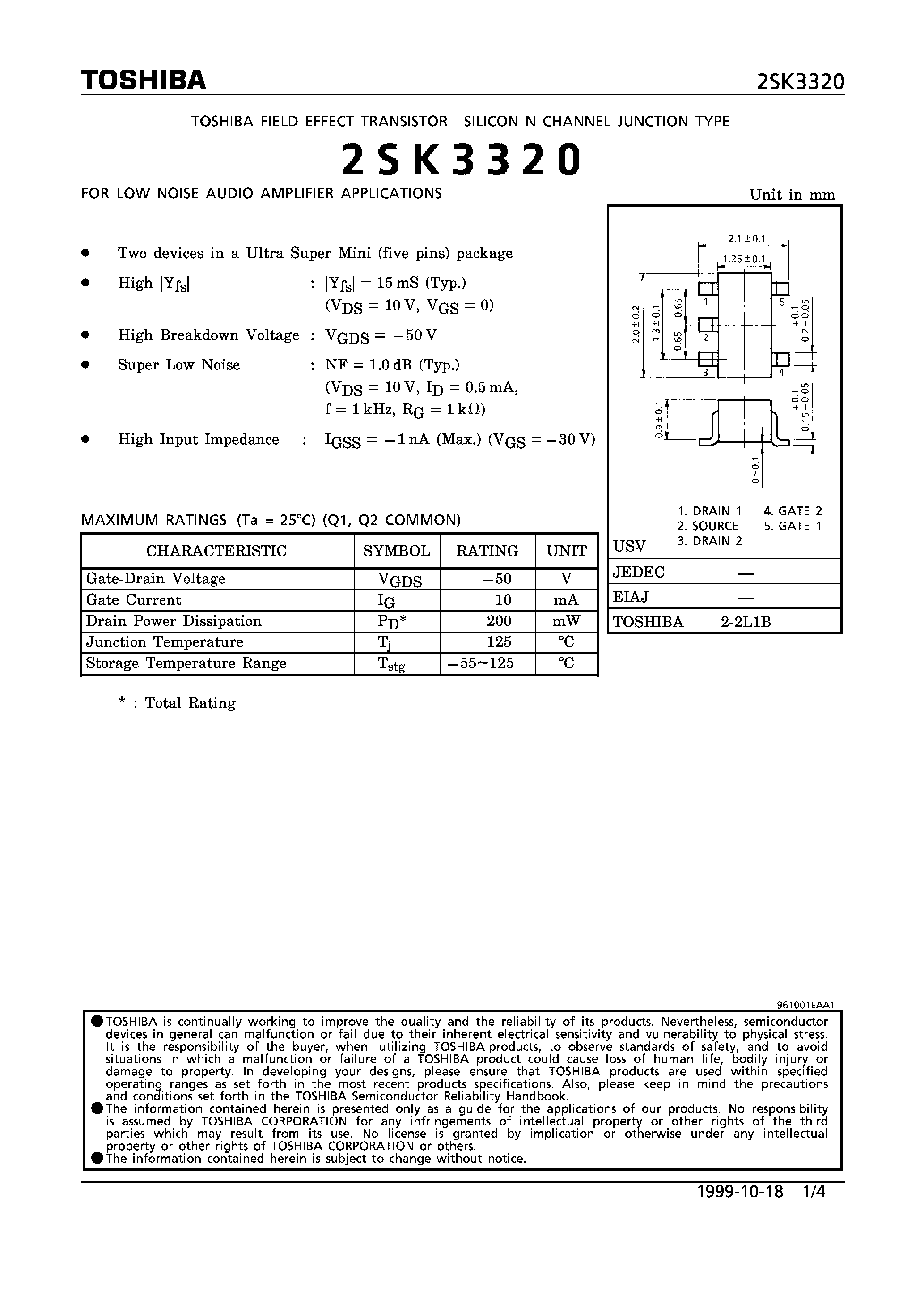 Datasheet 2SK3320 - N CHANNEL JUNCTION TYPE (FOR LOW NOISE AUDIO AMPLIFIER APPLICATIONS) page 1