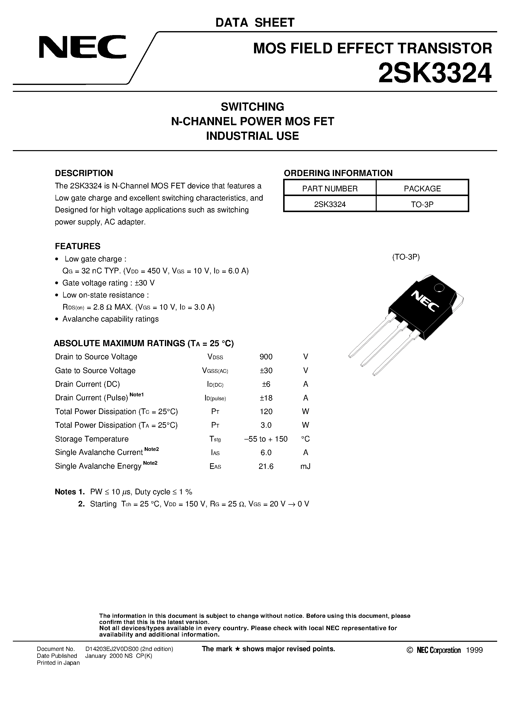 Datasheet 2SK3324 - SWITCHING N-CHANNEL POWER MOS FET INDUSTRIAL USE page 1