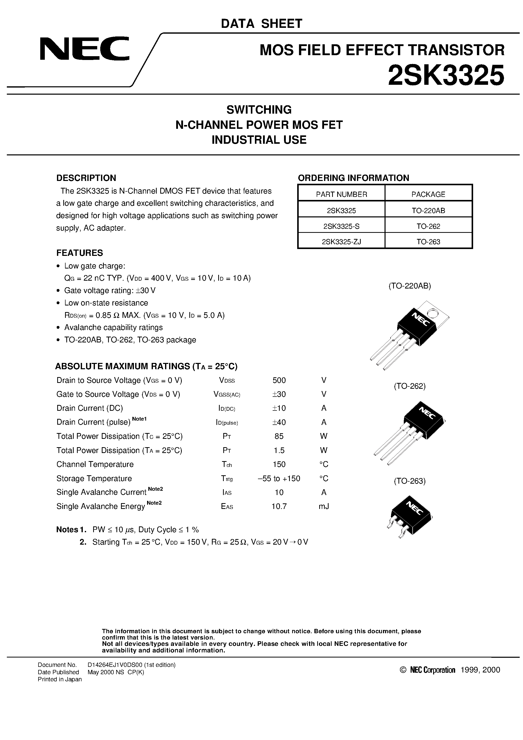 Datasheet 2SK3325-S - SWITCHING N-CHANNEL POWER MOS FET INDUSTRIAL USE page 1