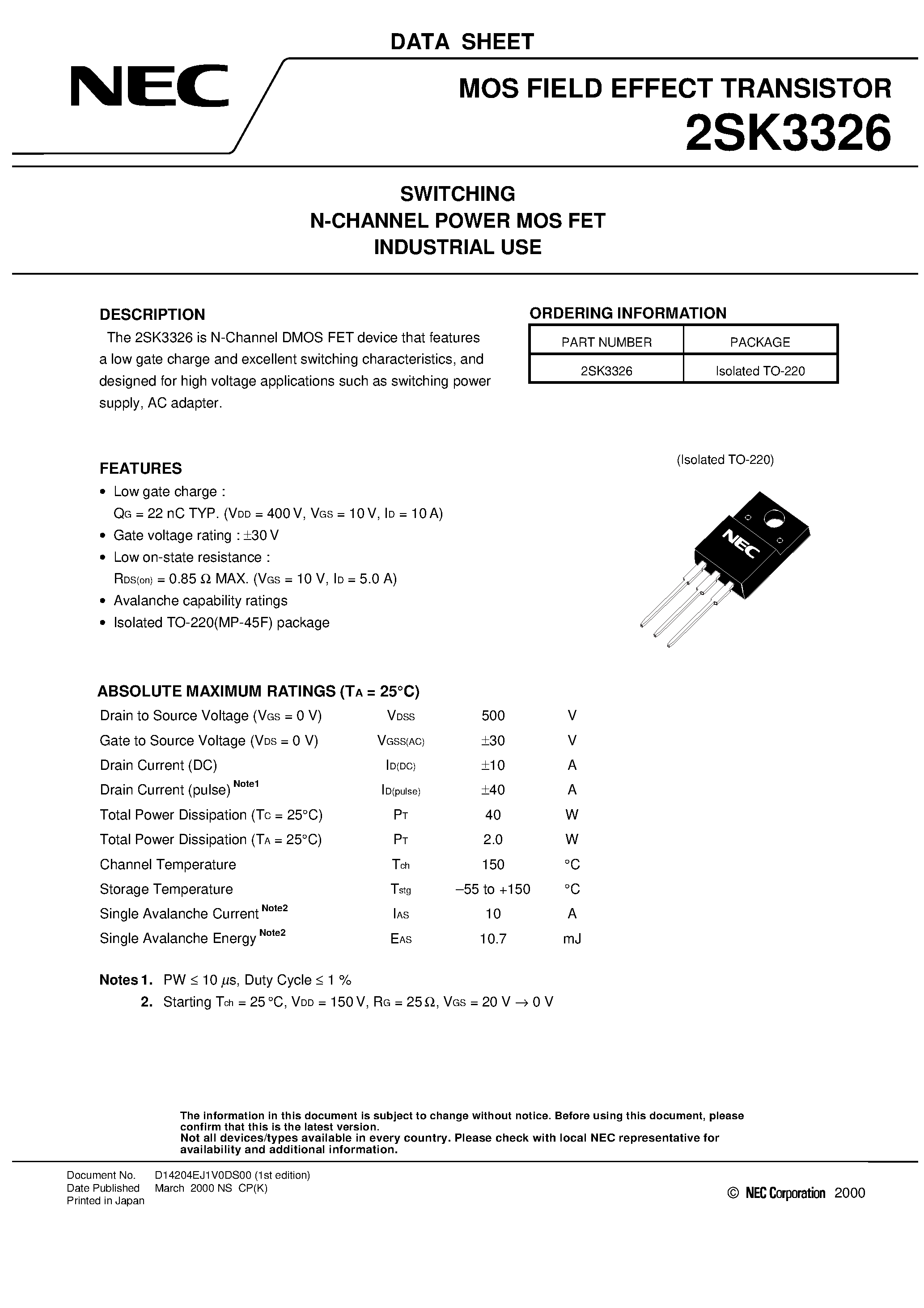 Datasheet 2SK3326 - SWITCHING N-CHANNEL POWER MOS FET INDUSTRIAL USE page 1