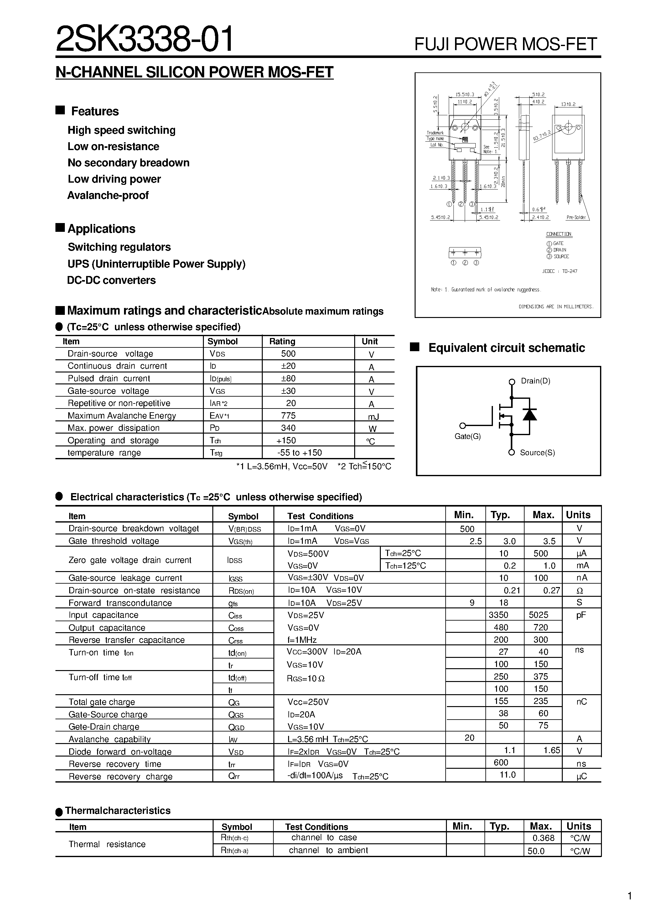Datasheet 2SK3338-01 - N-CHANNEL SILICON POWER MOS-FET page 1