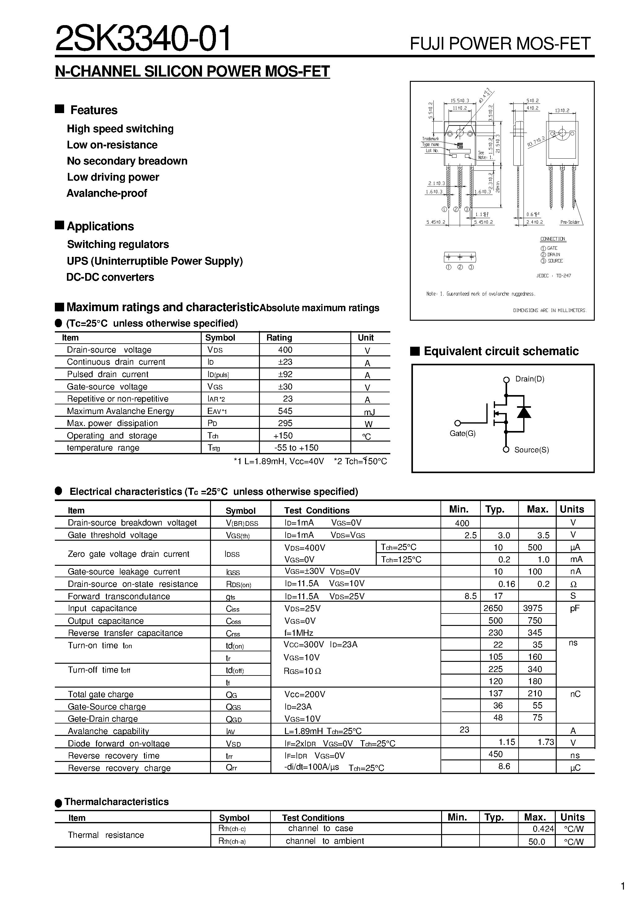 Datasheet 2SK3340-01 - N-CHANNEL SILICON POWER MOS-FET page 1
