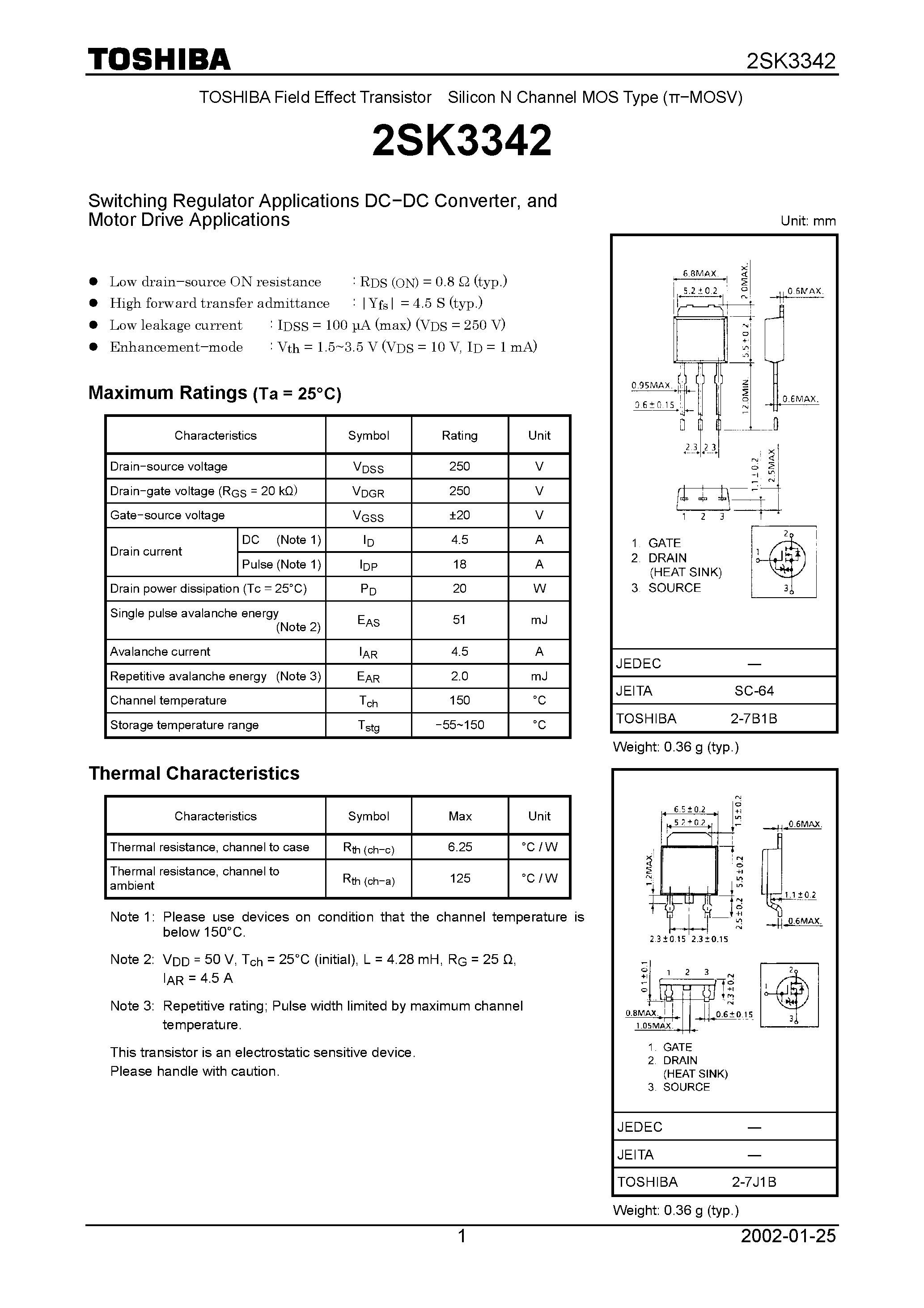 Datasheet 2SK3342 - TOSHIBA Field Effect Transistor Silicon N Channel MOS Type (MOSV) page 1