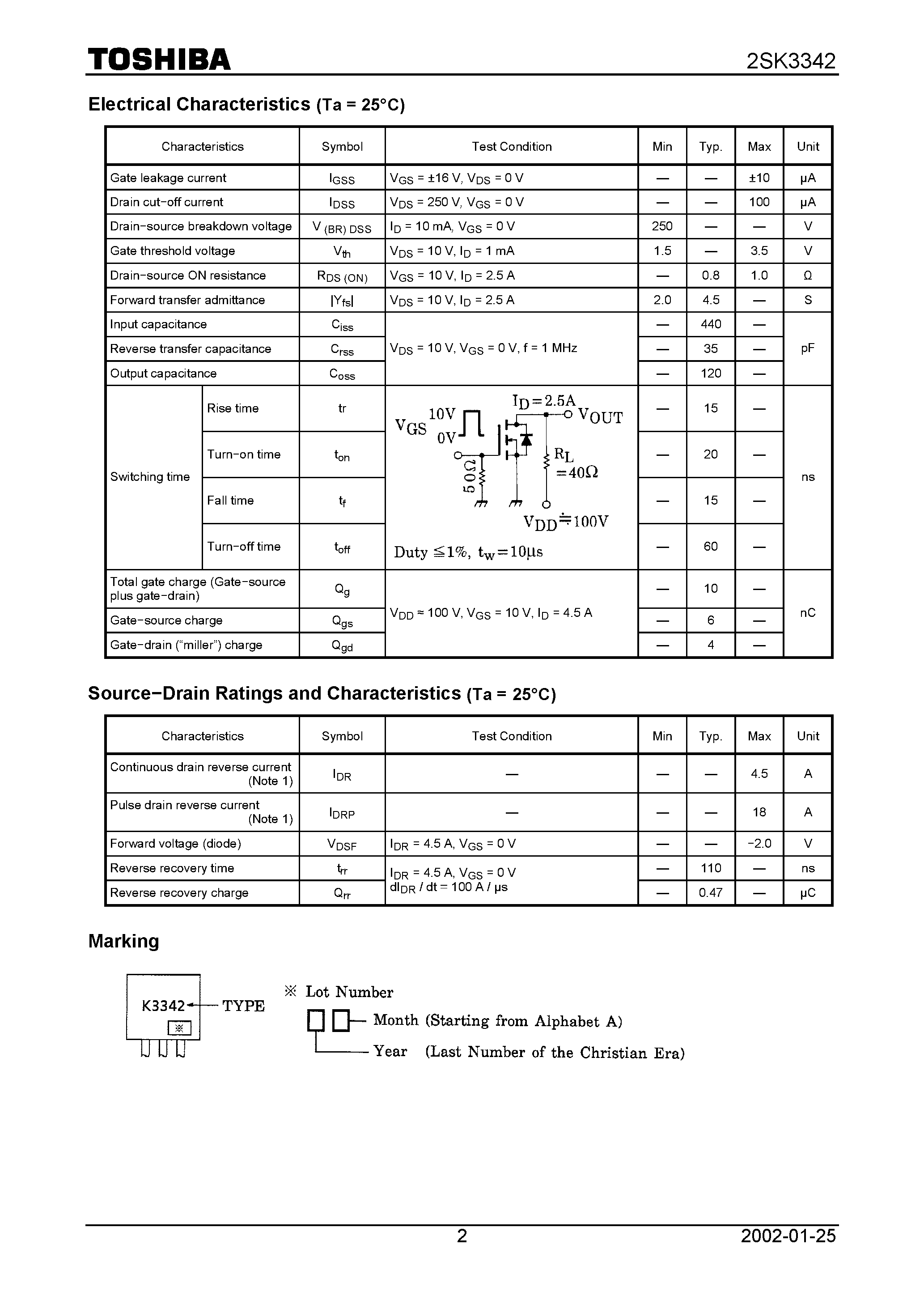 Datasheet 2SK3342 - TOSHIBA Field Effect Transistor Silicon N Channel MOS Type (MOSV) page 2