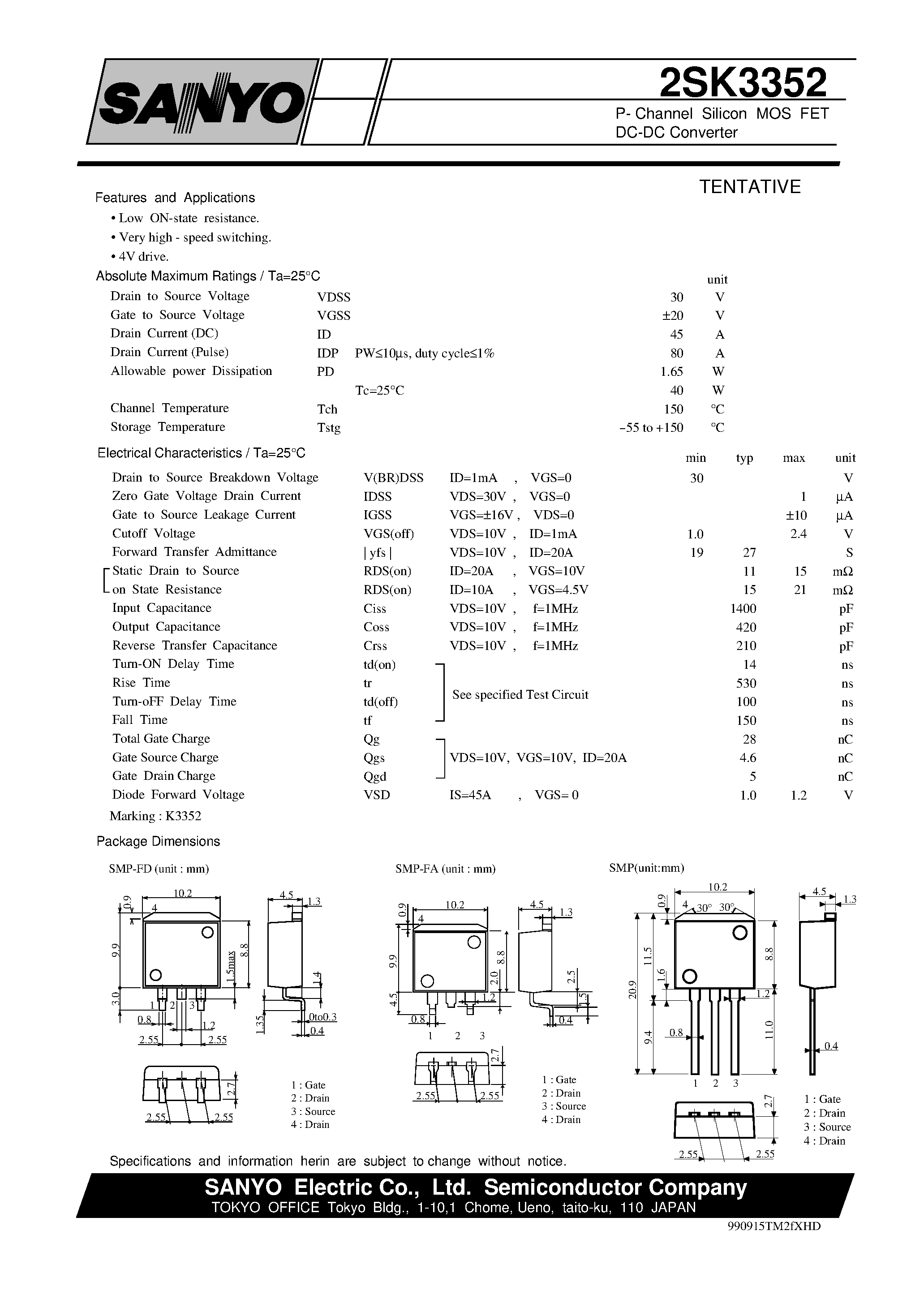 Datasheet 2SK3352 - P- Channel Silicon MOS FET DC-DC Converter page 1