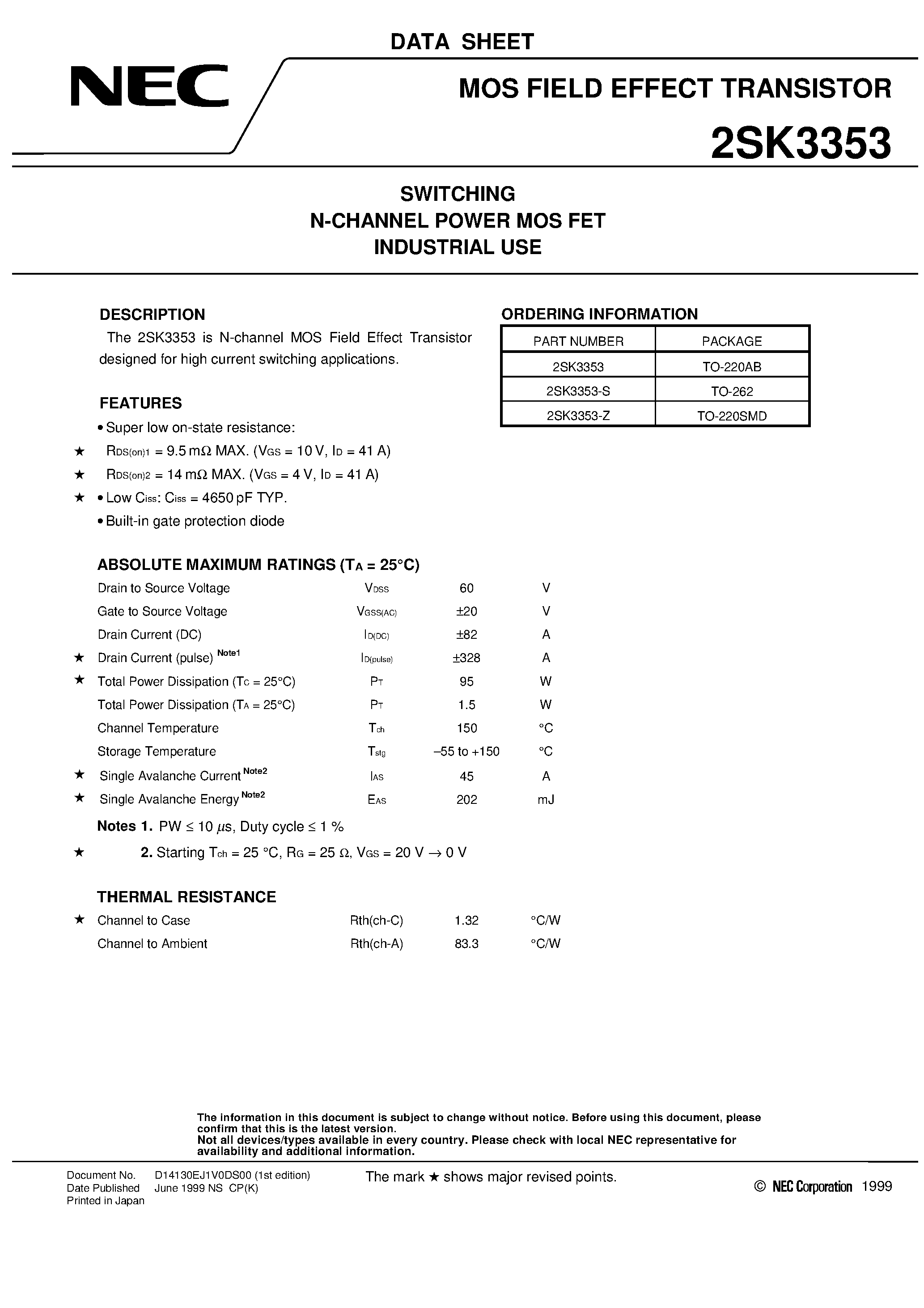 Datasheet 2SK3353-S - SWITCHING N-CHANNEL POWER MOS FET INDUSTRIAL USE page 1