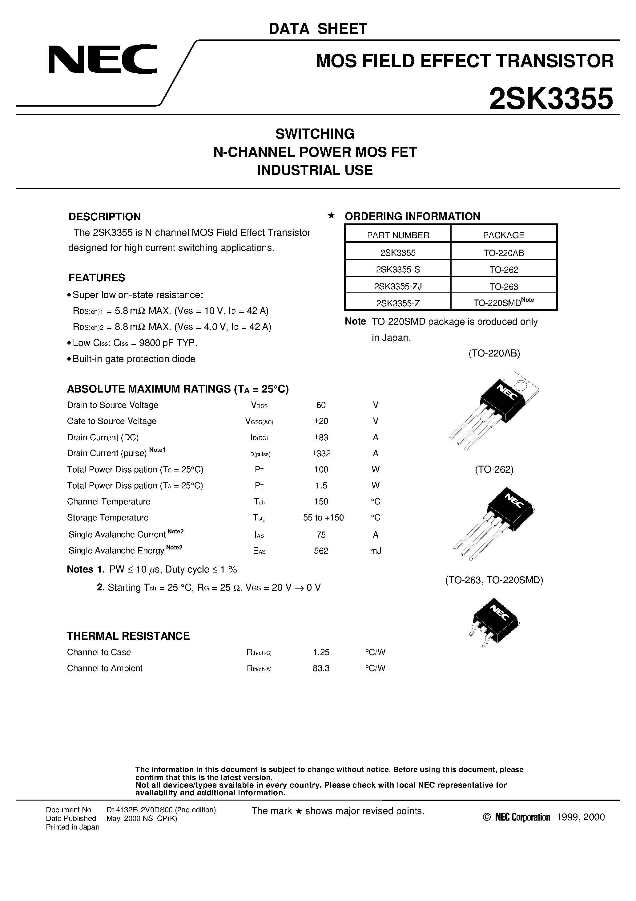 Datasheet 2SK3355-Z page 1 Datasheet 2SK3355-Z - SWITCHING N-CHANNEL POWER MOS FET INDUSTRIAL USE page 1