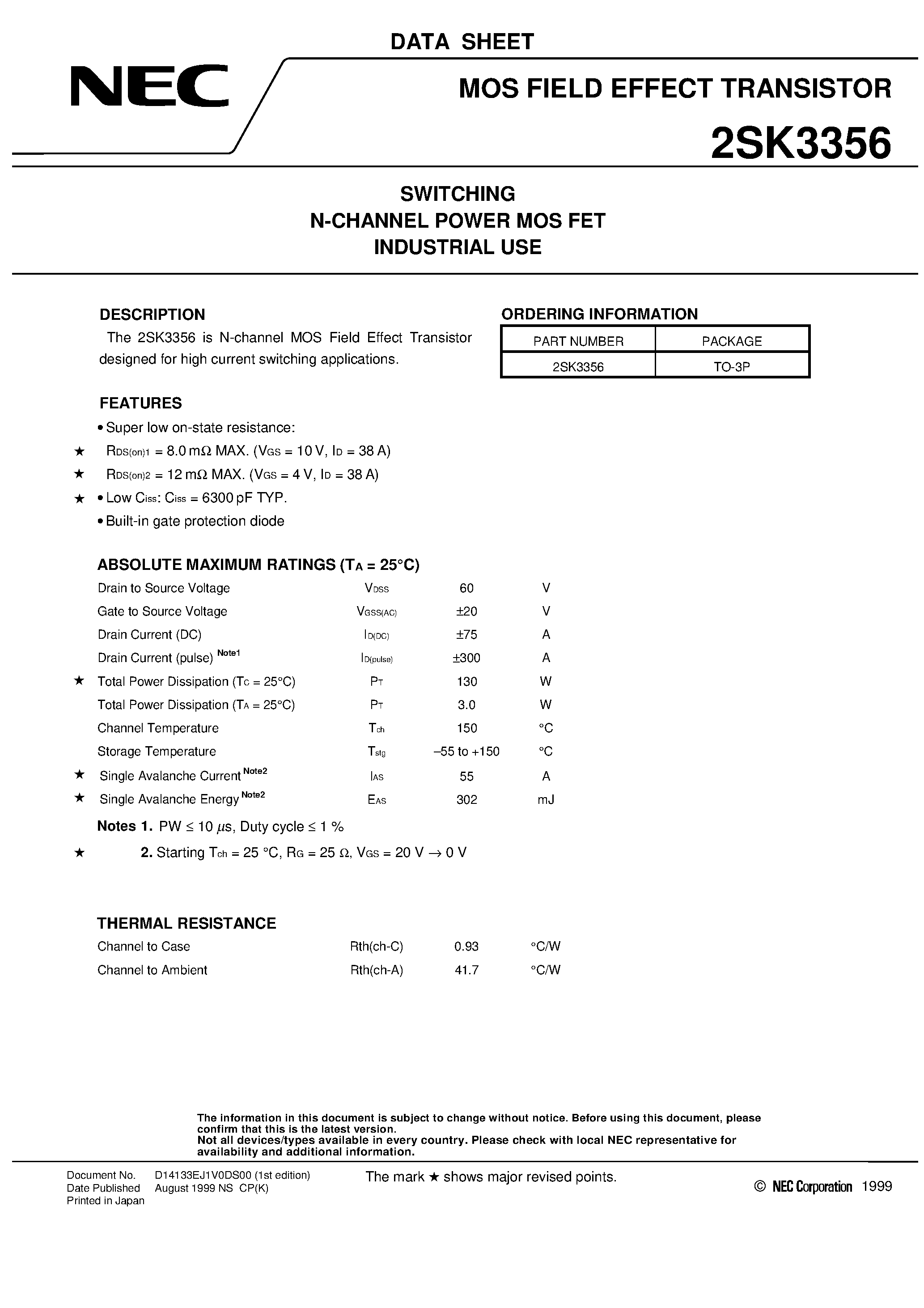Datasheet 2SK3356 - SWITCHING N-CHANNEL POWER MOS FET INDUSTRIAL USE page 1