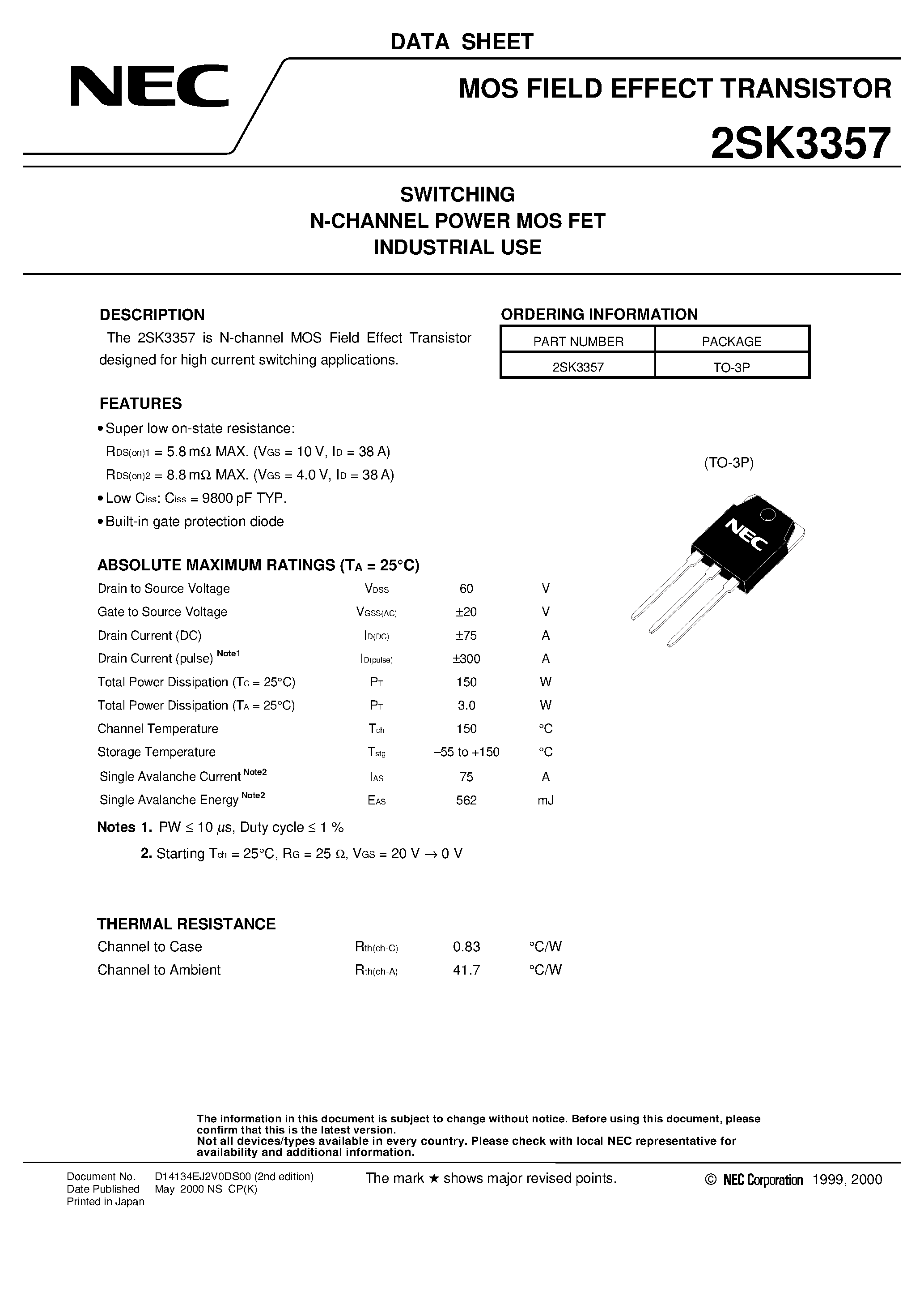 Datasheet 2SK3357 - SWITCHING N-CHANNEL POWER MOS FET INDUSTRIAL USE page 1