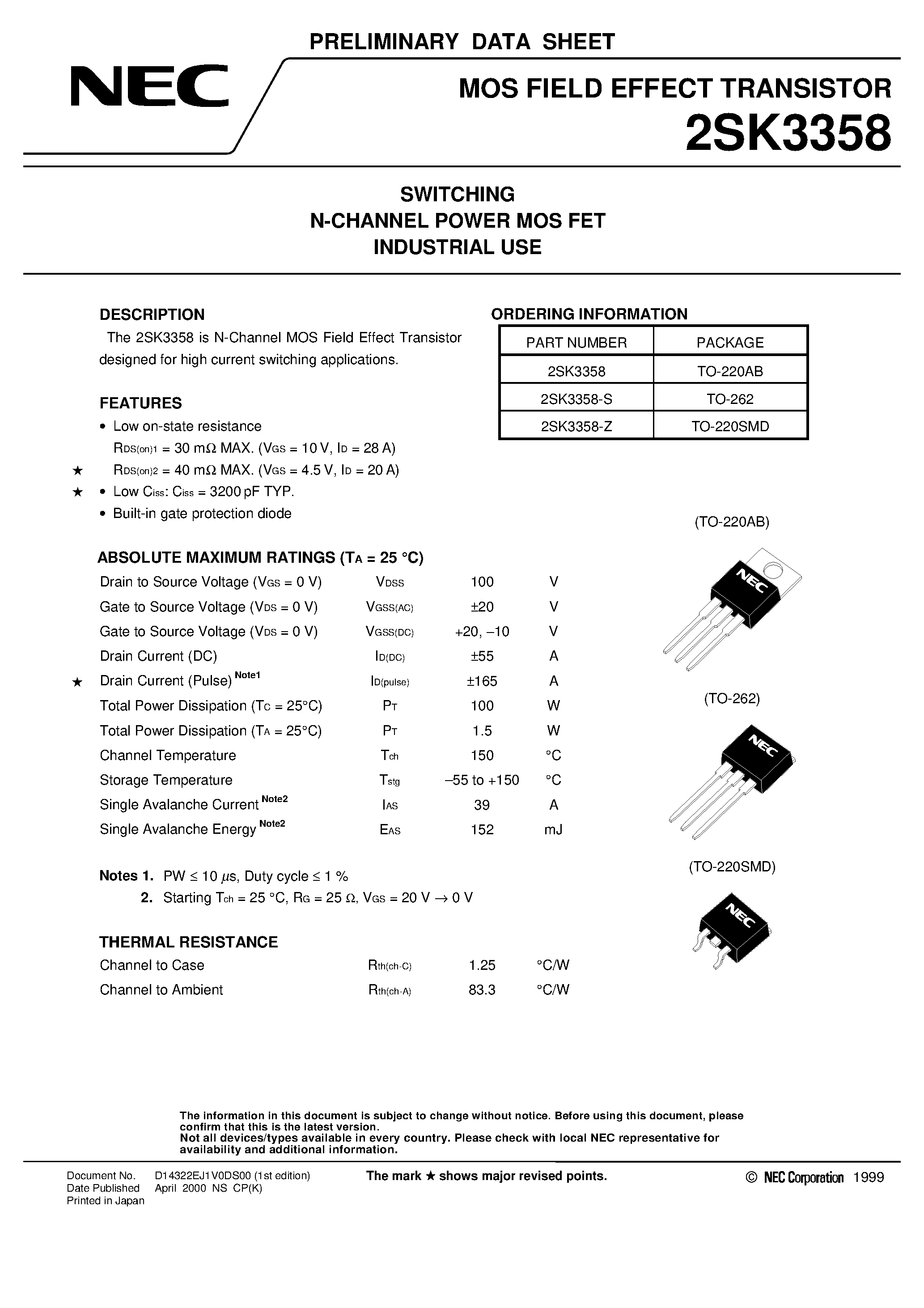 Datasheet 2SK3358 - SWITCHING N-CHANNEL POWER MOS FET INDUSTRIAL USE page 1