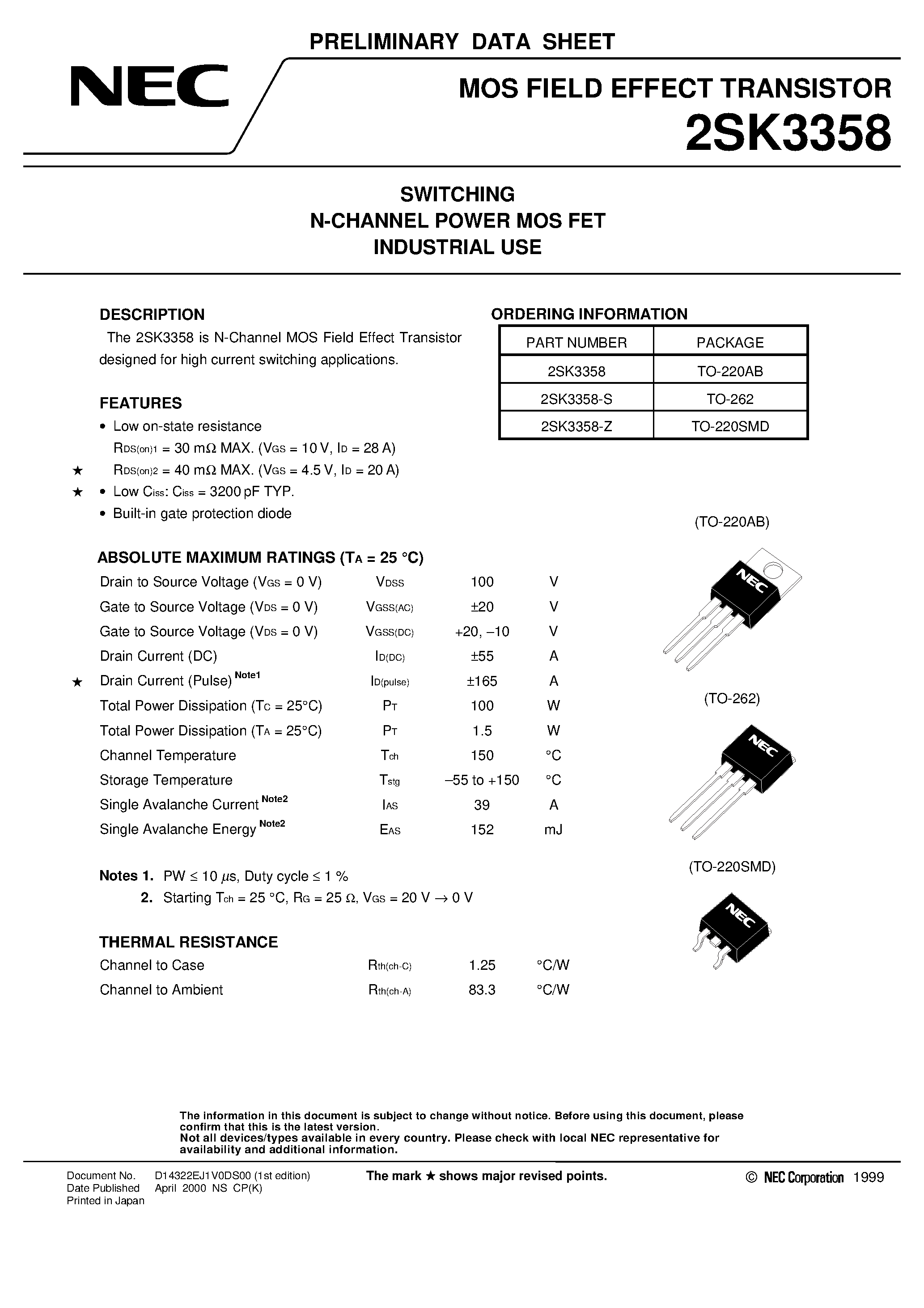 Datasheet 2SK3358-Z - SWITCHING N-CHANNEL POWER MOS FET INDUSTRIAL USE page 1