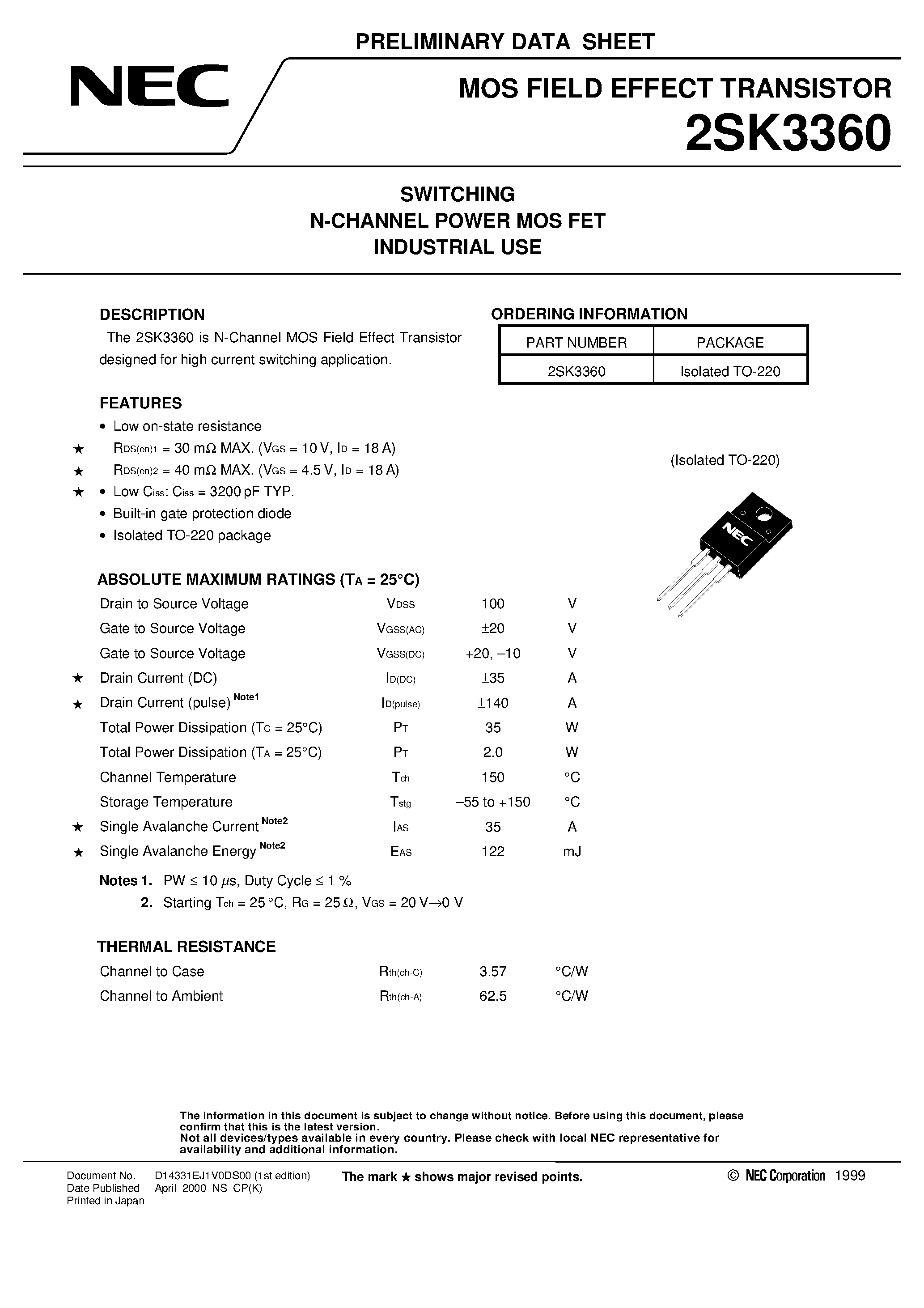 Datasheet 2SK3360 - SWITCHING N-CHANNEL POWER MOS FET INDUSTRIAL USE page 1