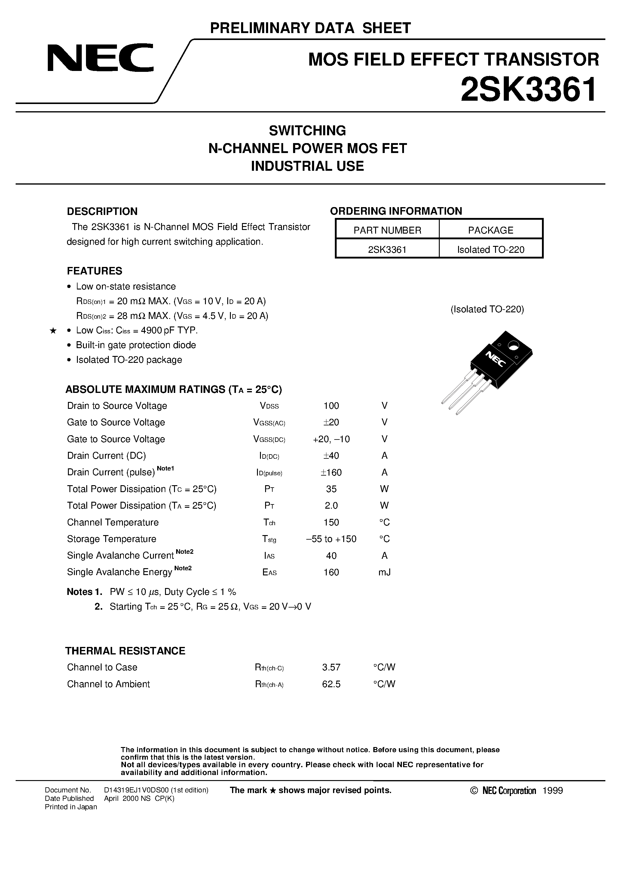 Datasheet 2SK3361 - SWITCHING N-CHANNEL POWER MOS FET INDUSTRIAL USE page 1
