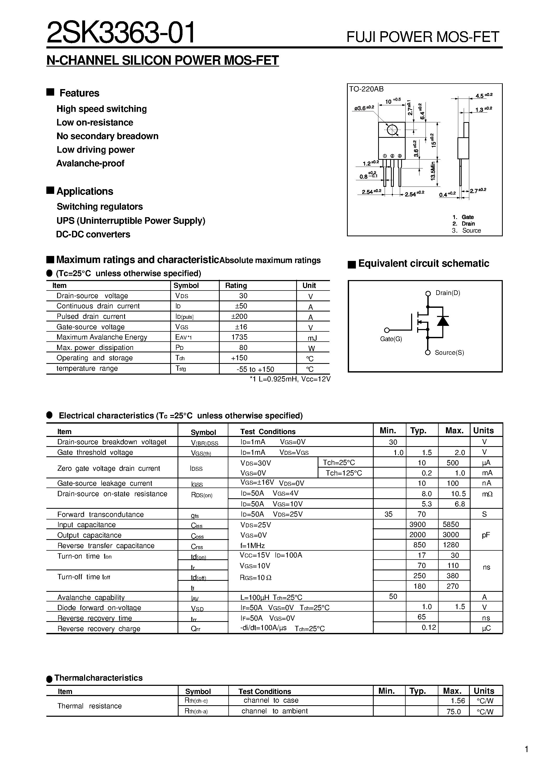 Datasheet 2SK3363-01 - N-CHANNEL SILICON POWER MOS-FET page 1