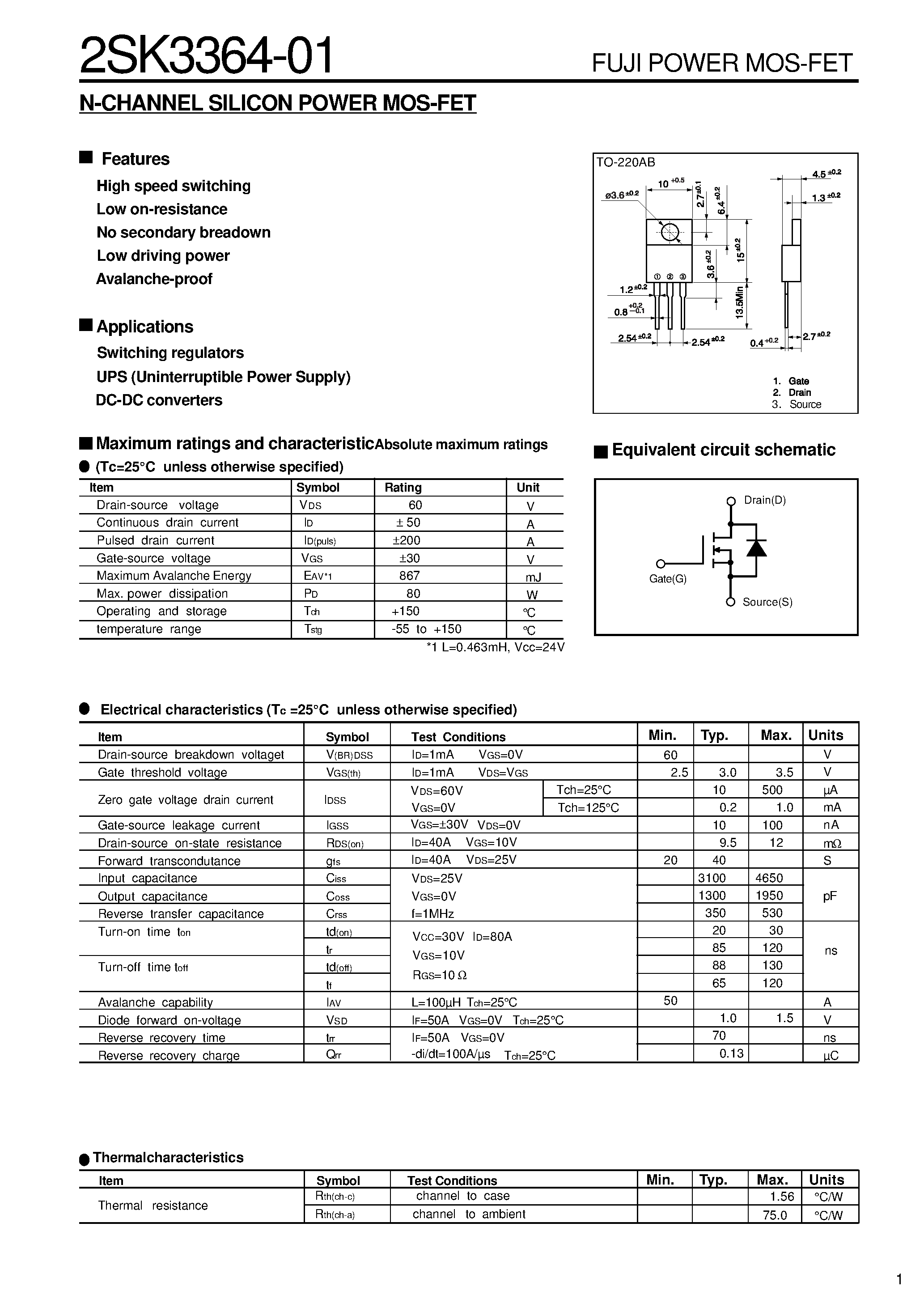 Datasheet 2SK3364-01 - N-CHANNEL SILICON POWER MOS-FET page 1