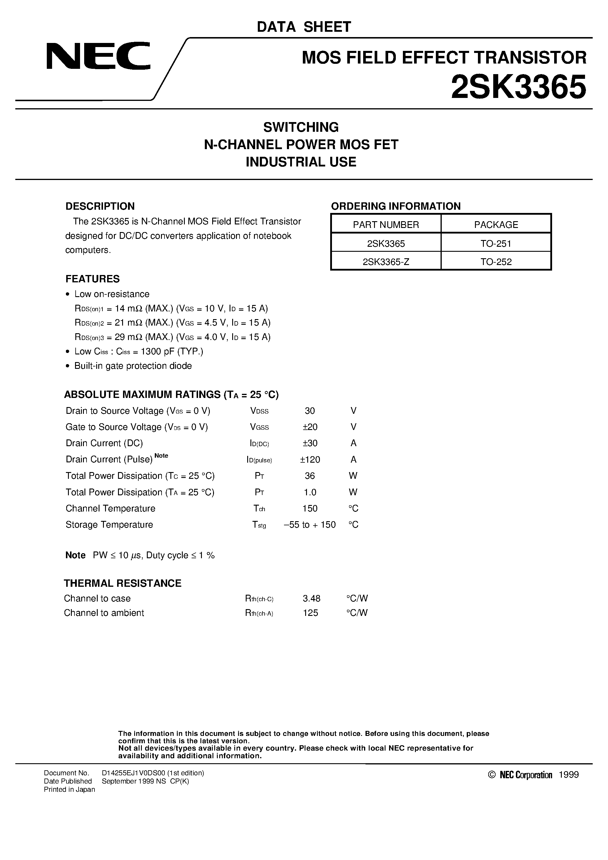 Datasheet 2SK3365 - SWITCHING N-CHANNEL POWER MOS FET INDUSTRIAL USE page 1