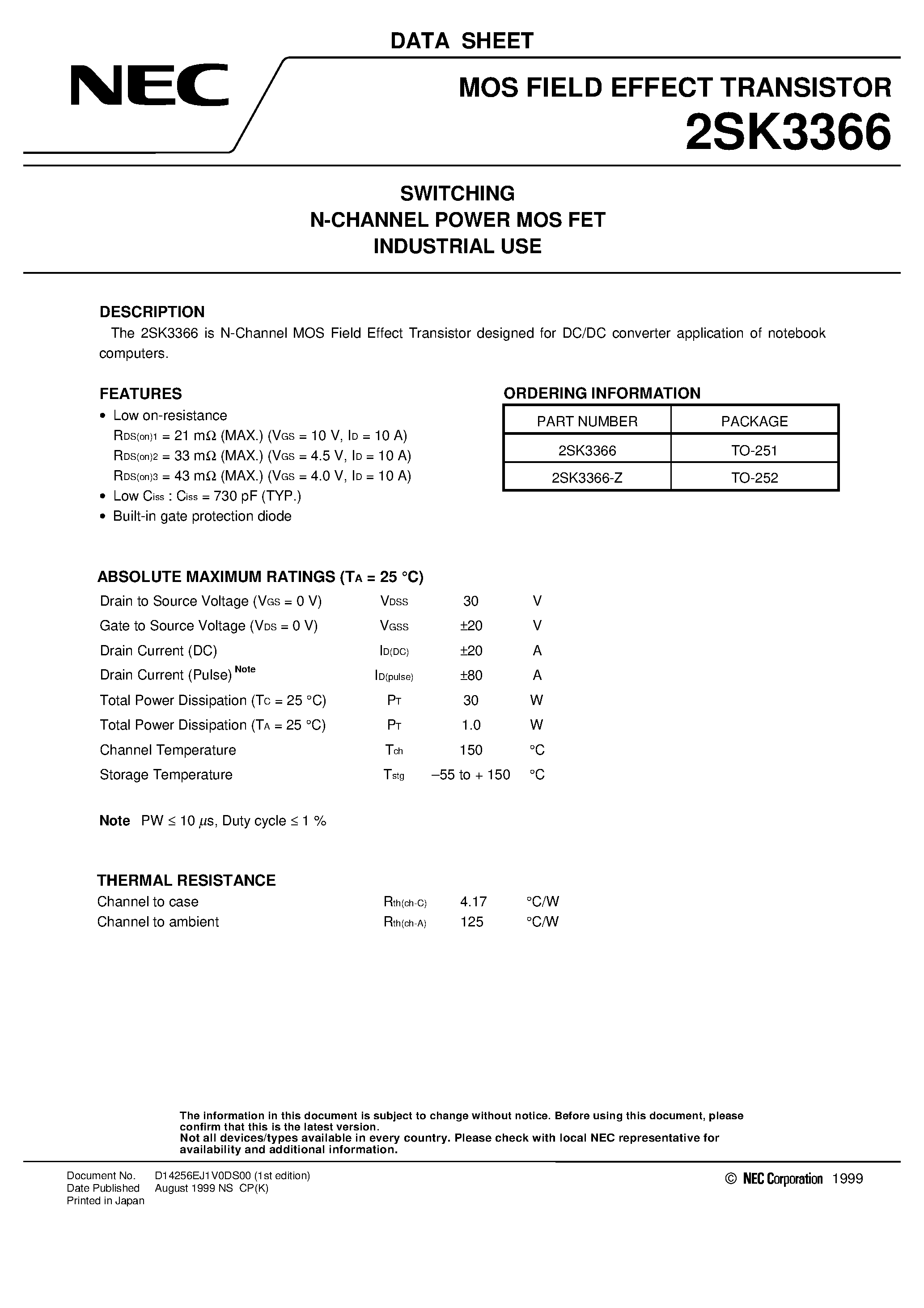 Datasheet 2SK3366 - SWITCHING N-CHANNEL POWER MOS FET INDUSTRIAL USE page 1