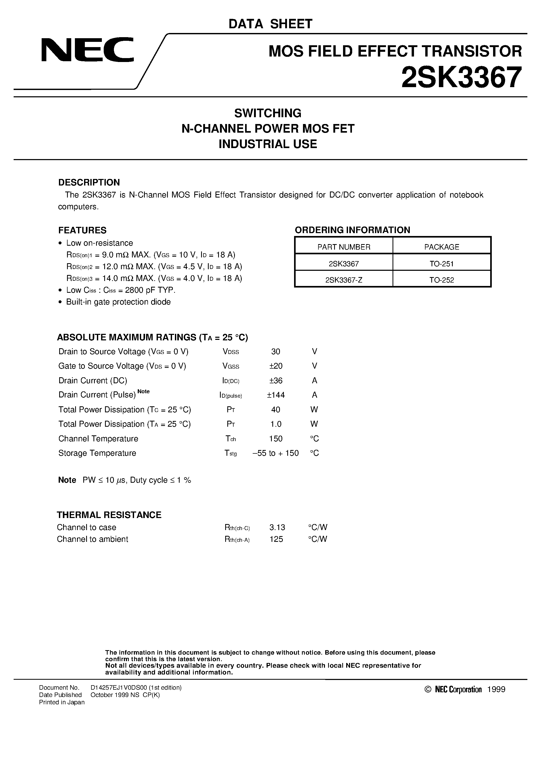 Datasheet 2SK3367 - SWITCHING N-CHANNEL POWER MOS FET INDUSTRIAL USE page 1