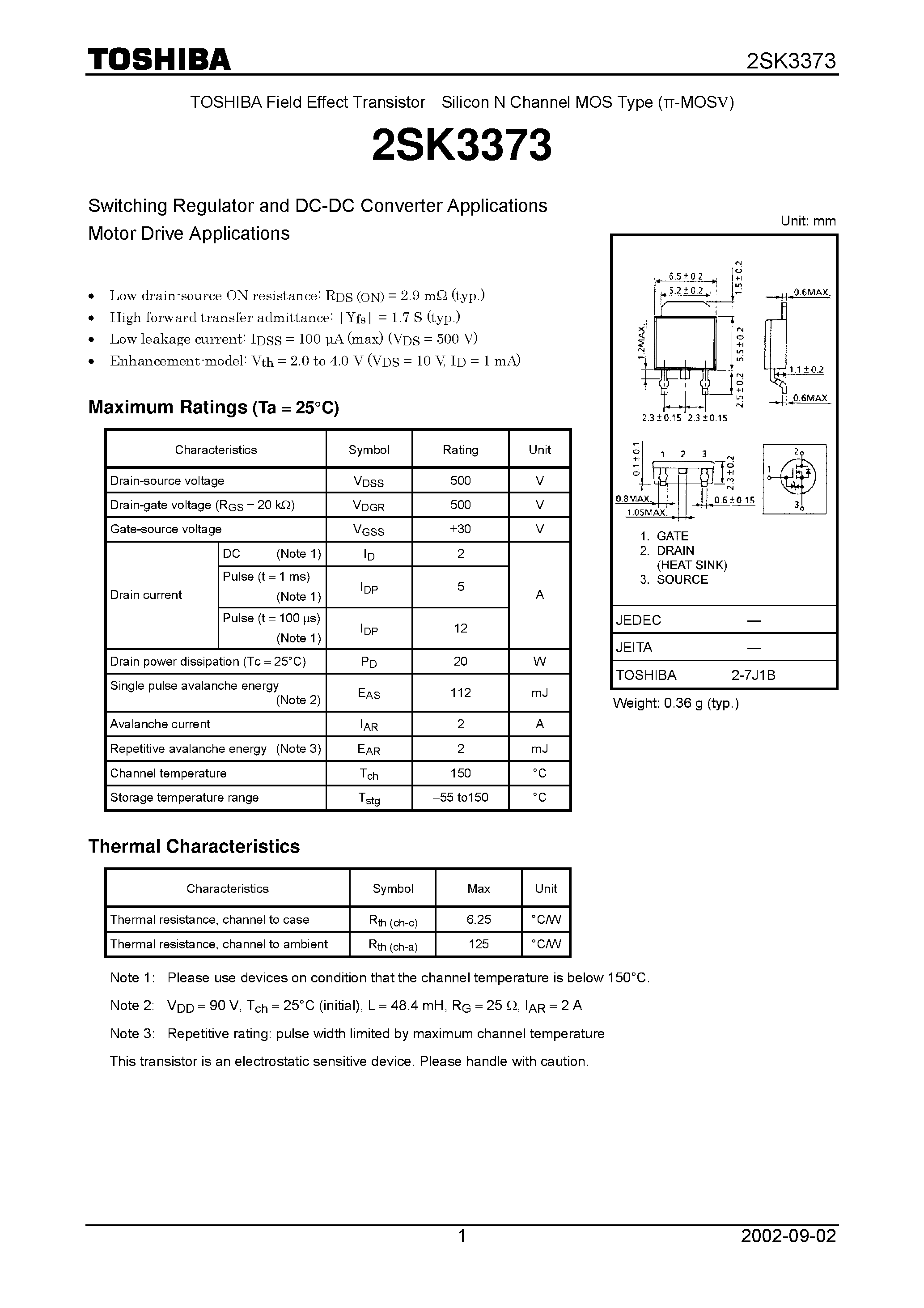 Даташит 2SK3373 - Switching Regulator and DC-DC Converter Applications Motor Drive Applications страница 1