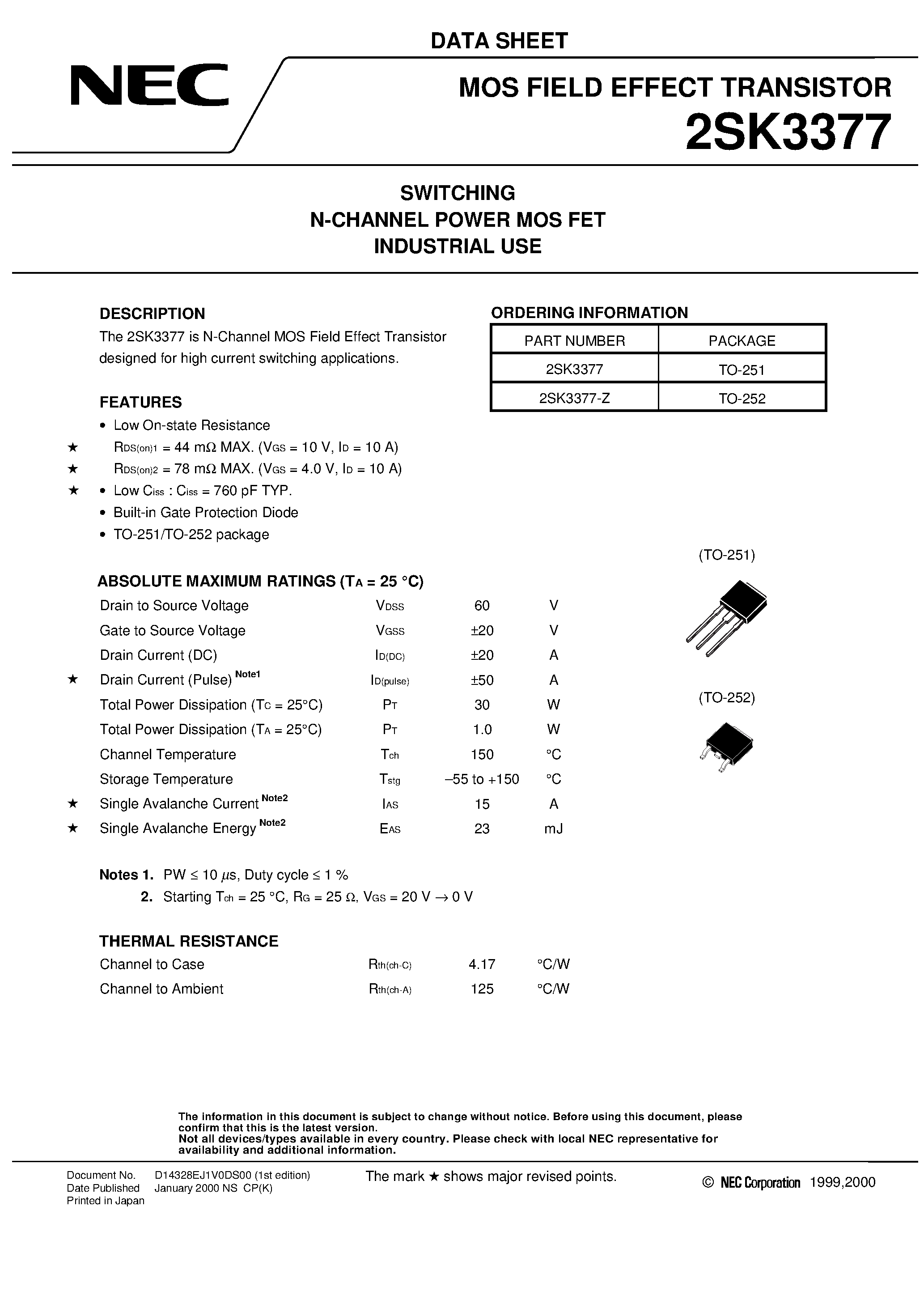 Datasheet 2SK3377 - SWITCHING N-CHANNEL POWER MOS FET INDUSTRIAL USE page 1