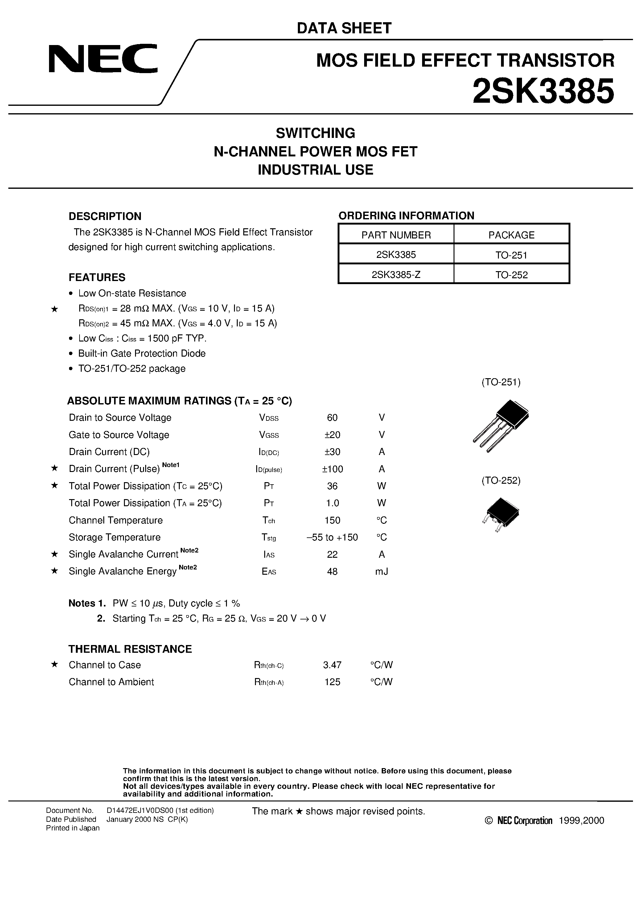 Datasheet 2SK3385 - SWITCHING N-CHANNEL POWER MOS FET INDUSTRIAL USE page 1