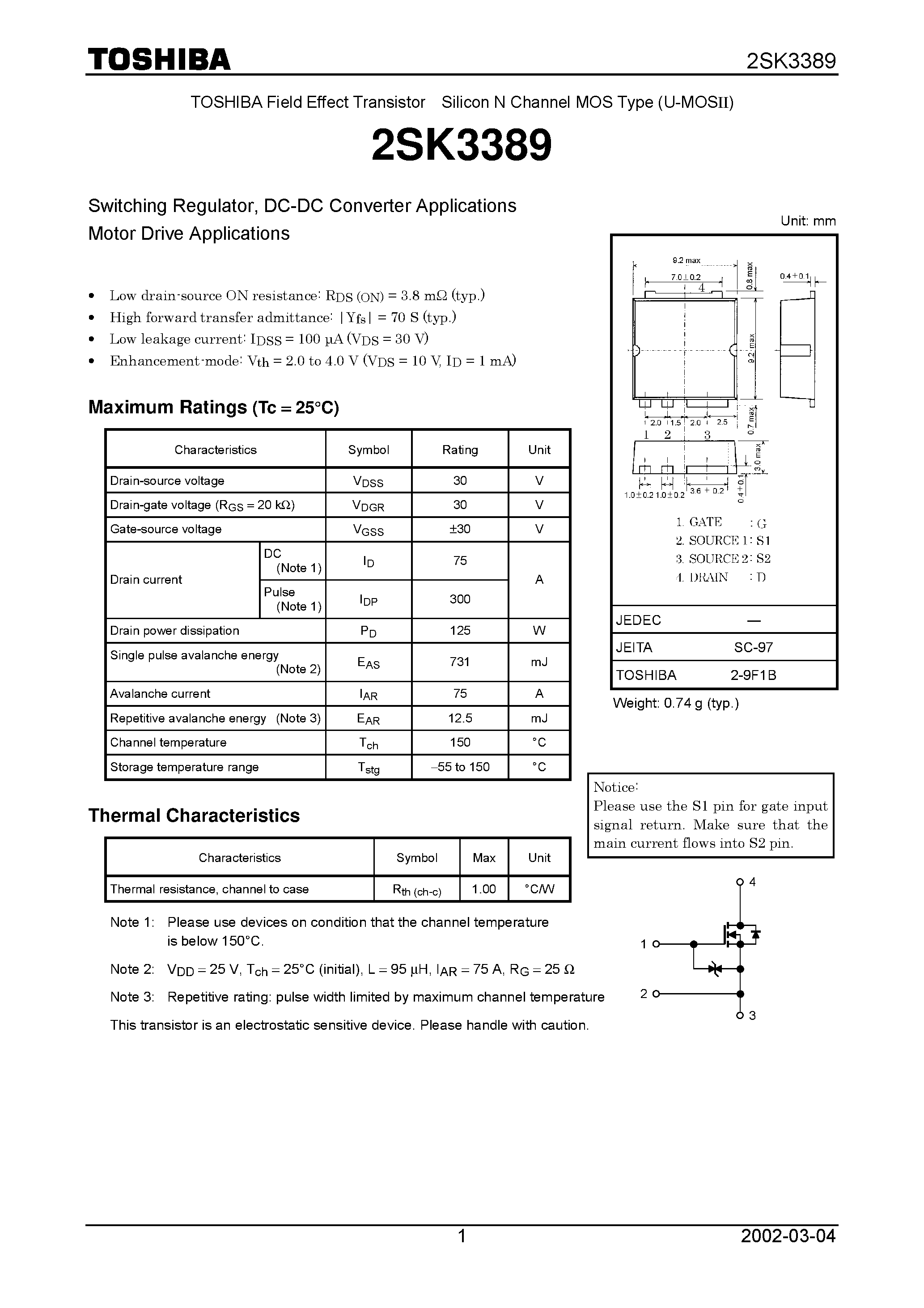 Даташит 2SK3389 - Switching Regulator/ DC-DC Converter Applications Motor Drive Applications страница 1