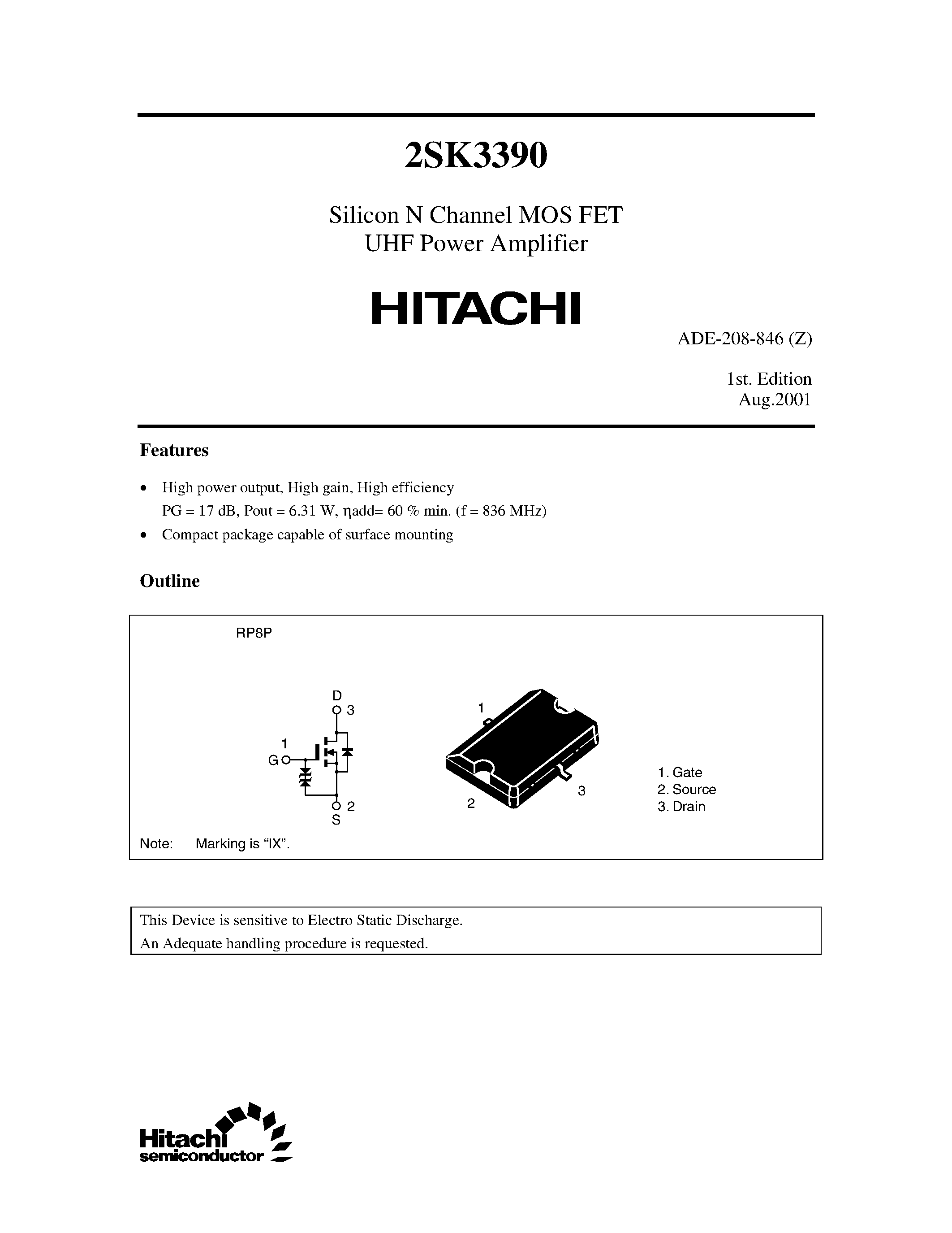 Datasheet 2SK3390 - Silicon N Channel MOS FET UHF Power Amplifier page 1