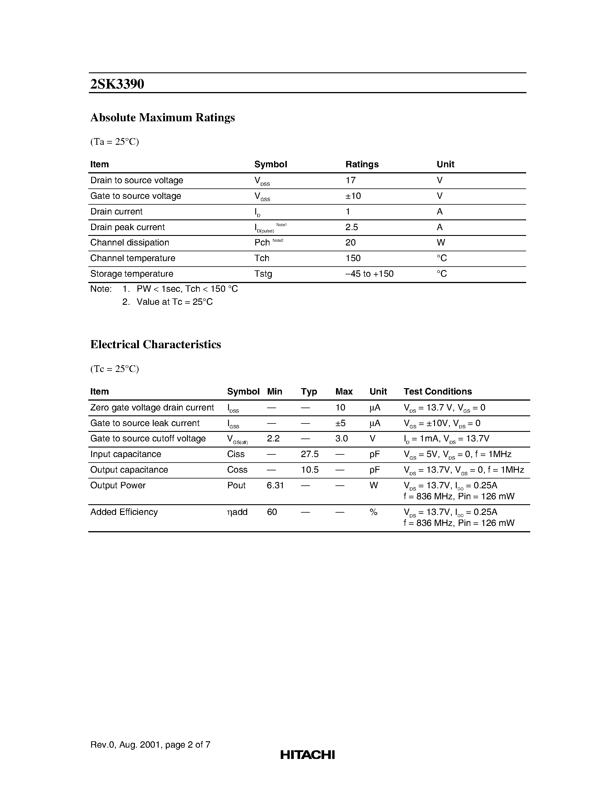 Datasheet 2SK3390 - Silicon N Channel MOS FET UHF Power Amplifier page 2