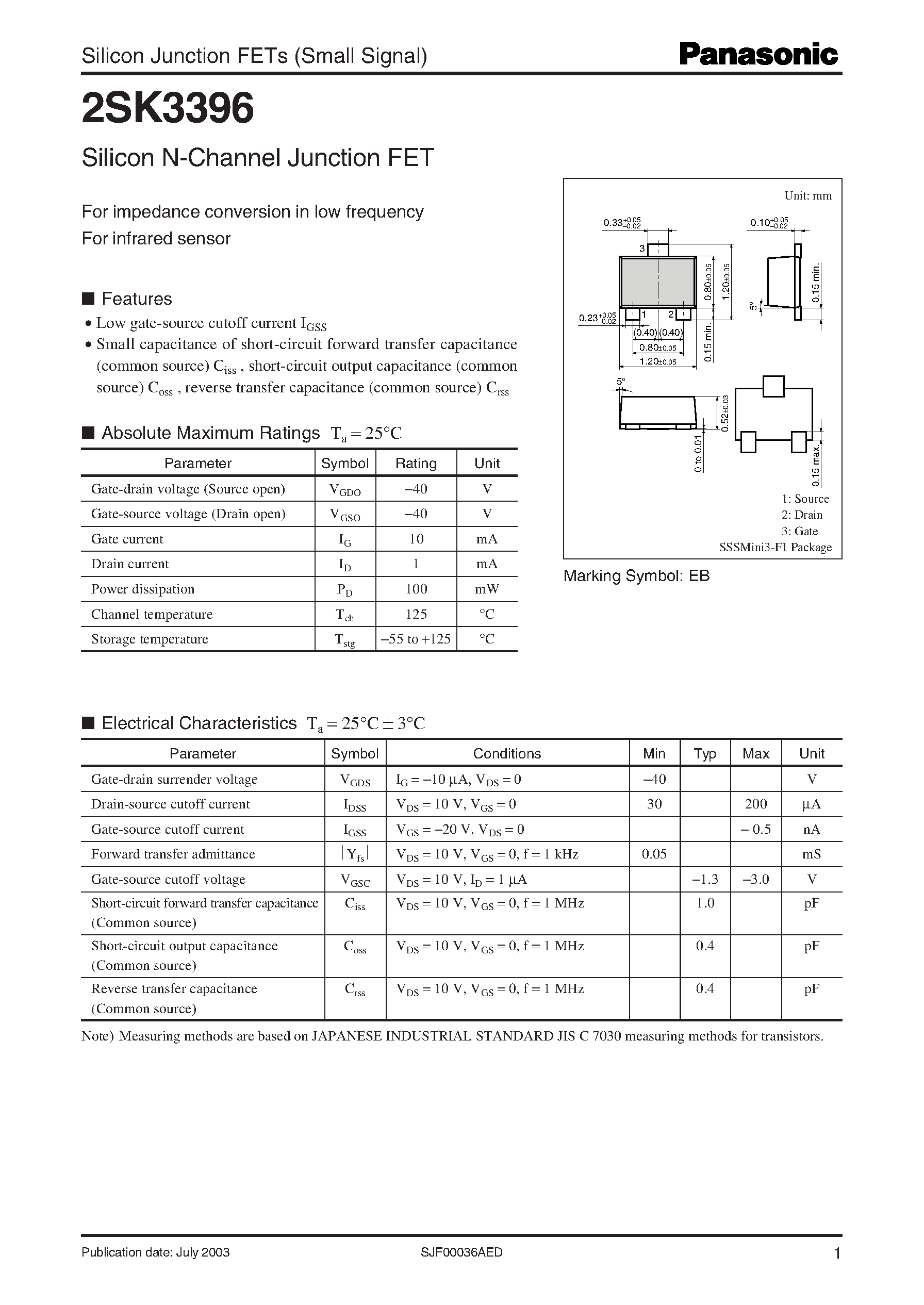 Datasheet 2SK3396 - Silicon N-Channel Junction FET page 1