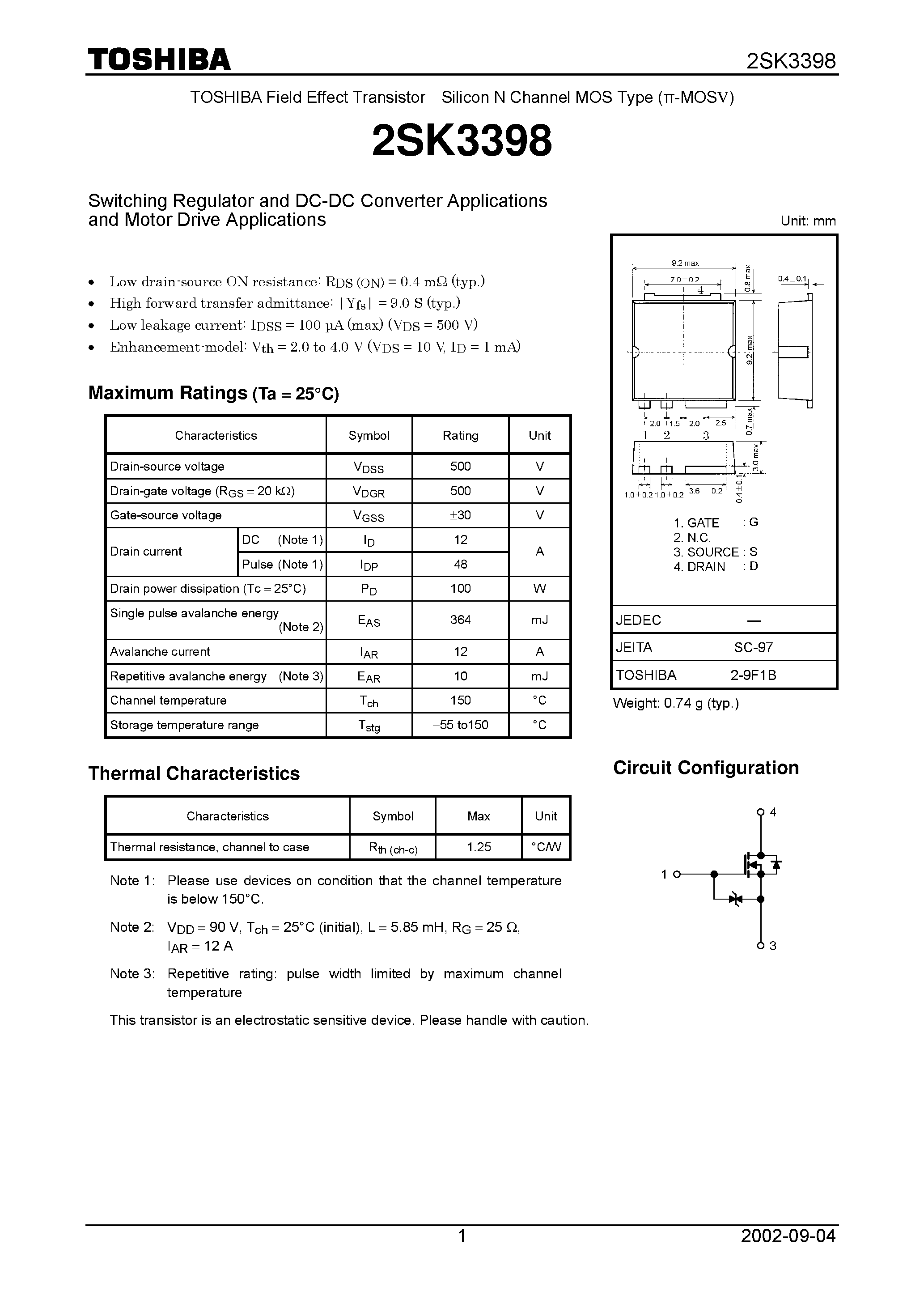 Даташит 2SK3398 - Switching Regulator and DC-DC Converter Applications and Motor Drive Applications страница 1