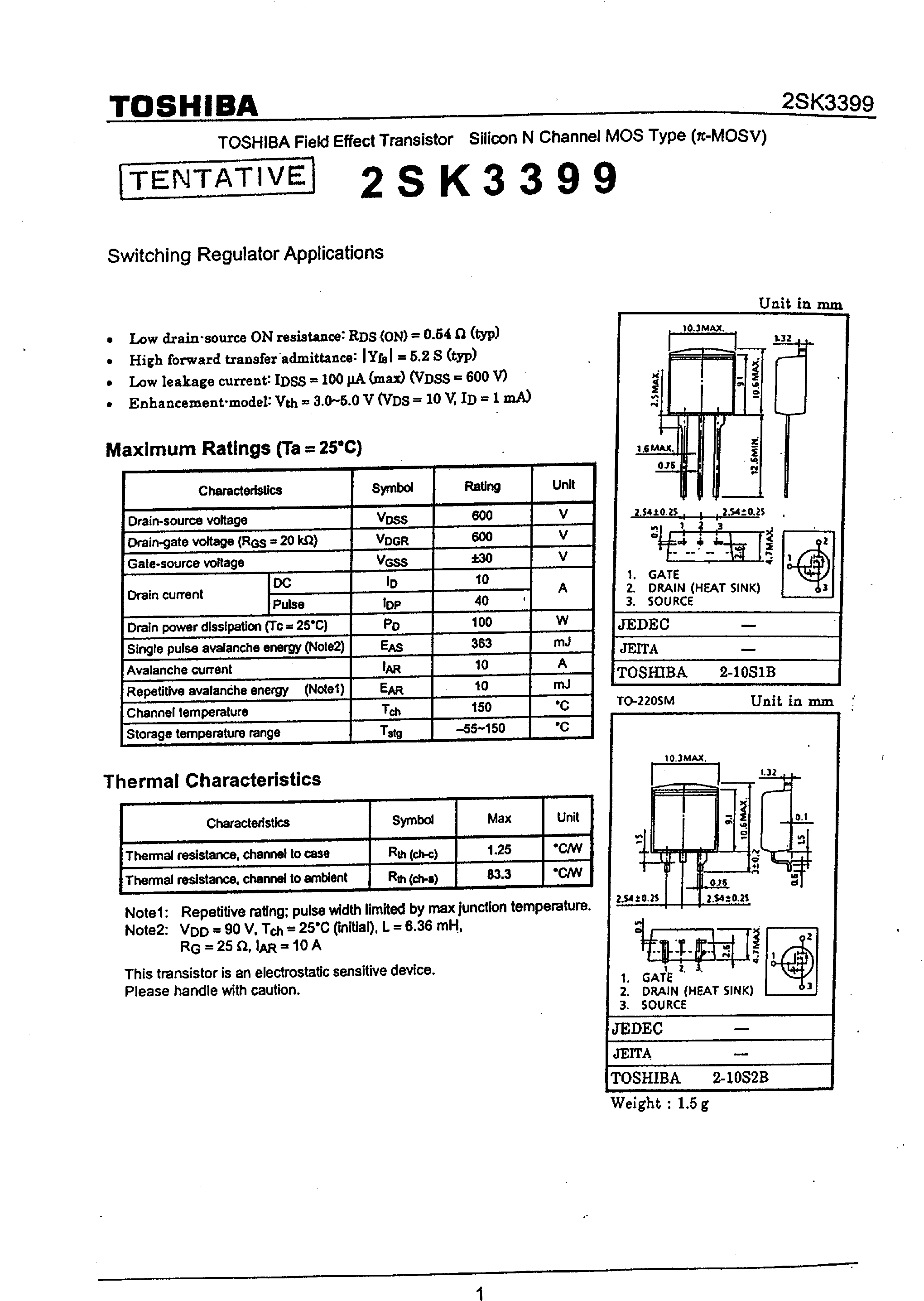 Даташит 2SK3399 - SWITCHING REGULATOR APPLICATIONS страница 1