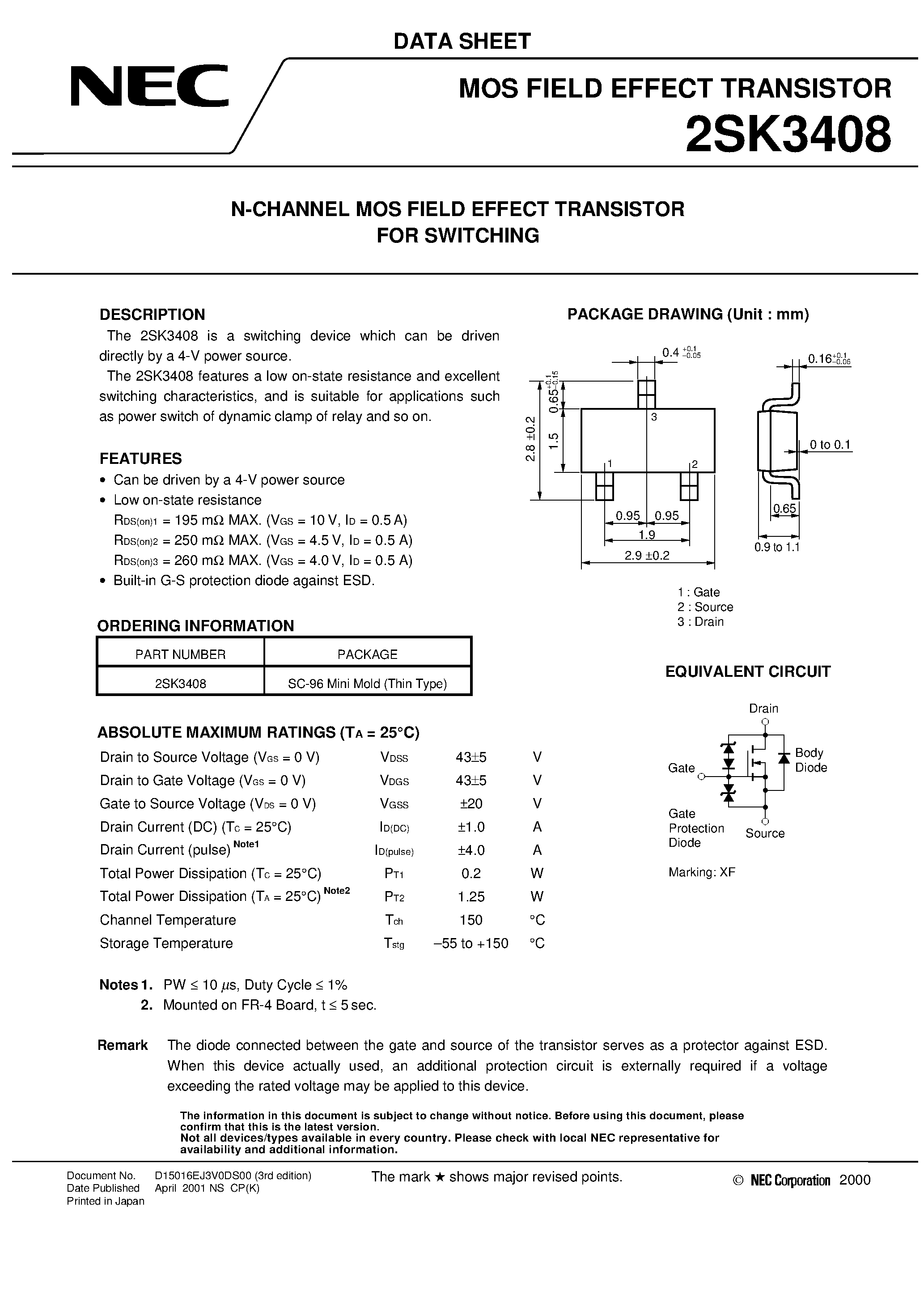Datasheet 2SK3408 - N-CHANNEL MOS FIELD EFFECT TRANSISTOR FOR SWITCHING page 1
