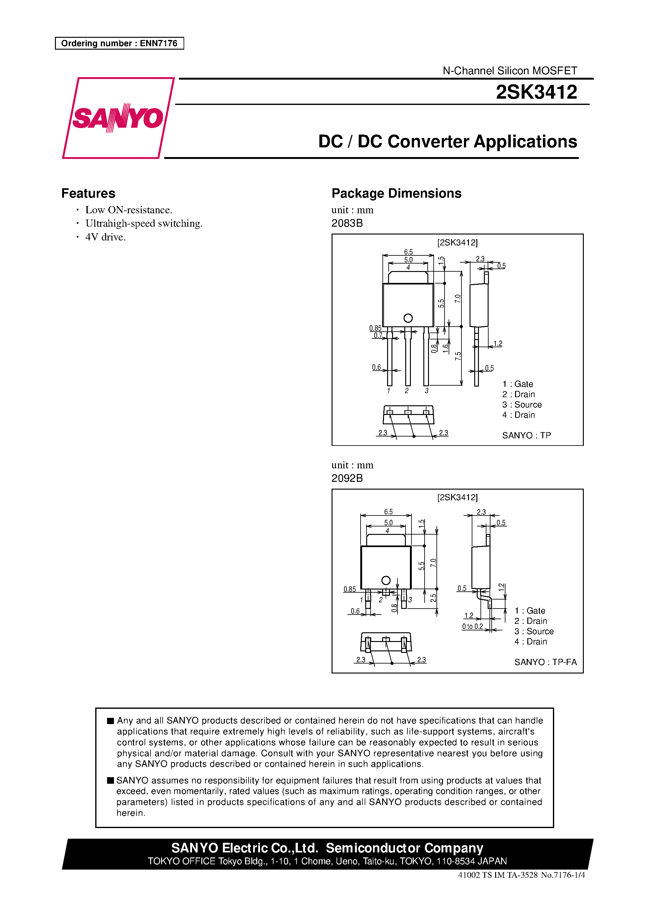 Даташит 2SK3412 - DC / DC Converter Applications страница 1