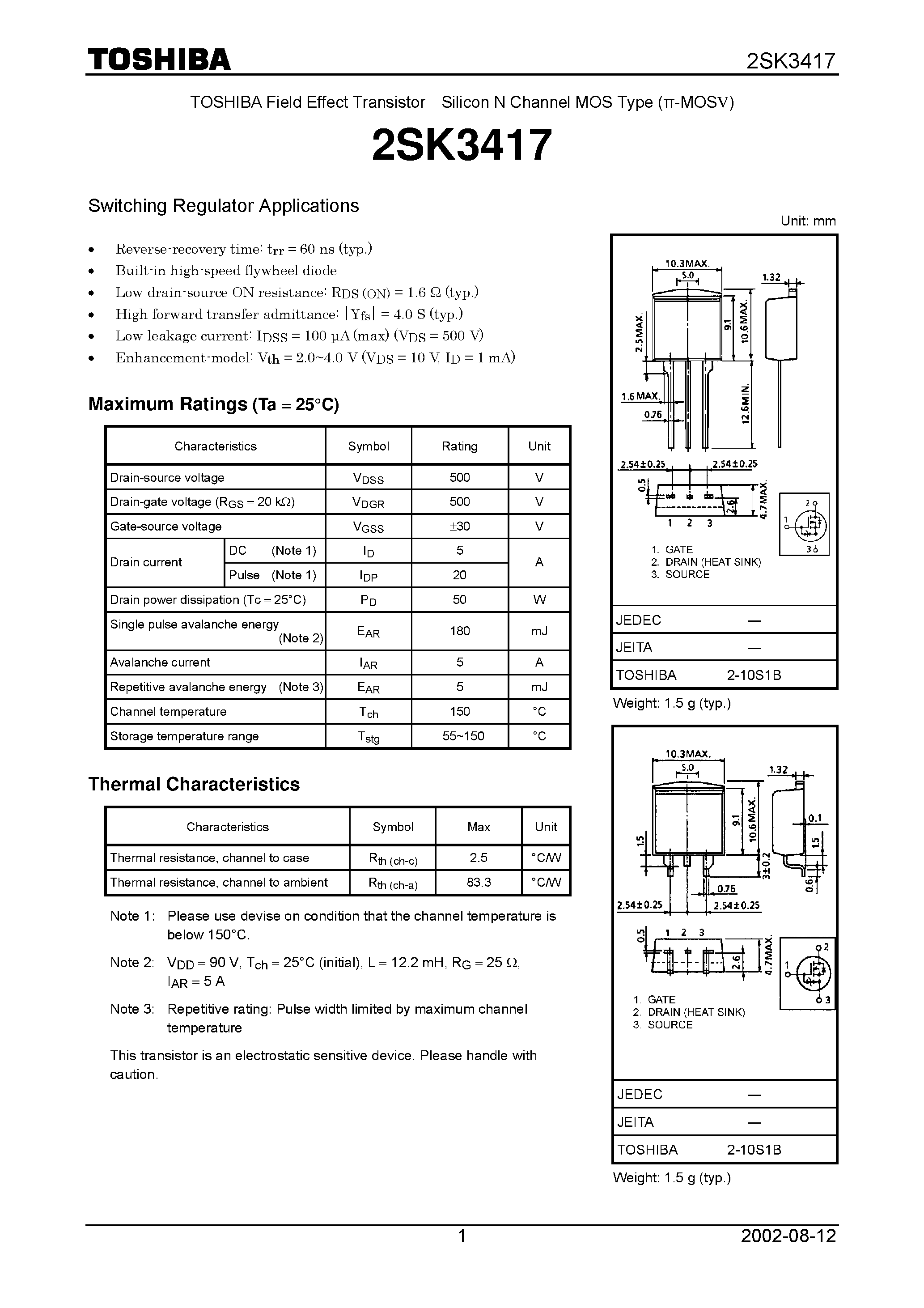 Даташит 2SK3417 - Switching Regulator Applications страница 1