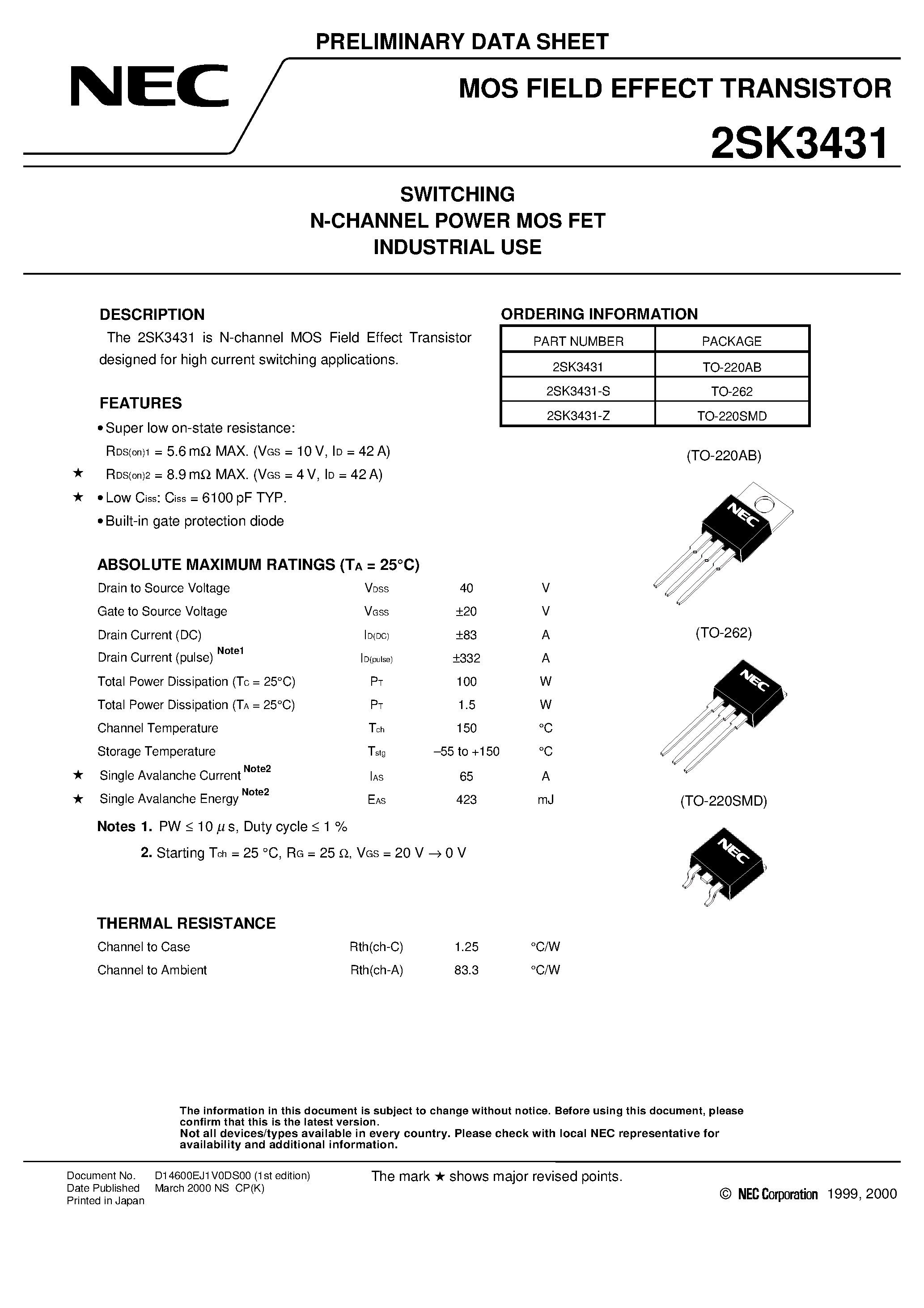 Datasheet 2SK3431 - SWITCHING N-CHANNEL POWER MOS FET INDUSTRIAL USE page 1