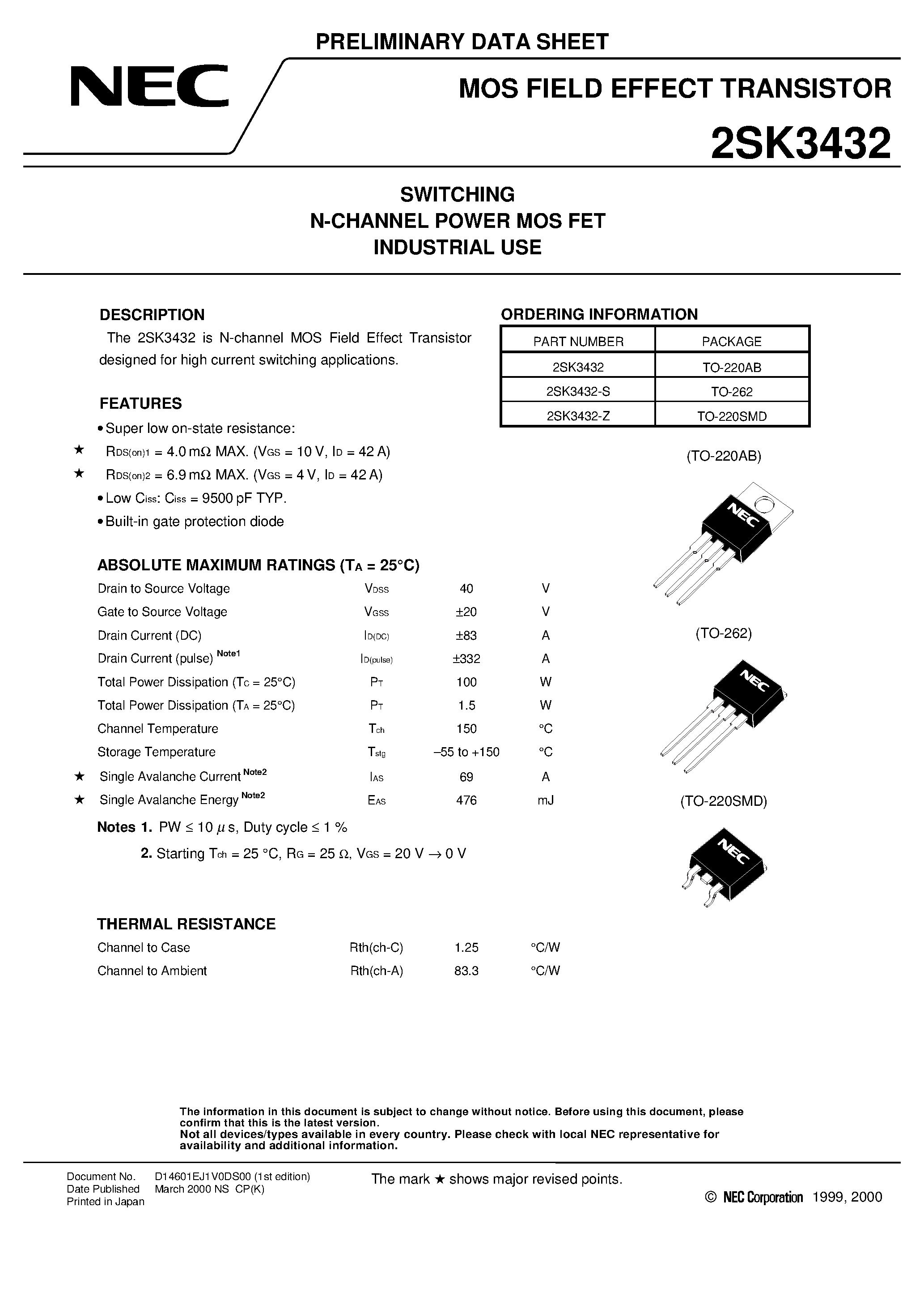 Datasheet 2SK3432-S page 1 Datasheet 2SK3432-S - SWITCHING N-CHANNEL POWER MOS FET INDUSTRIAL USE page 1