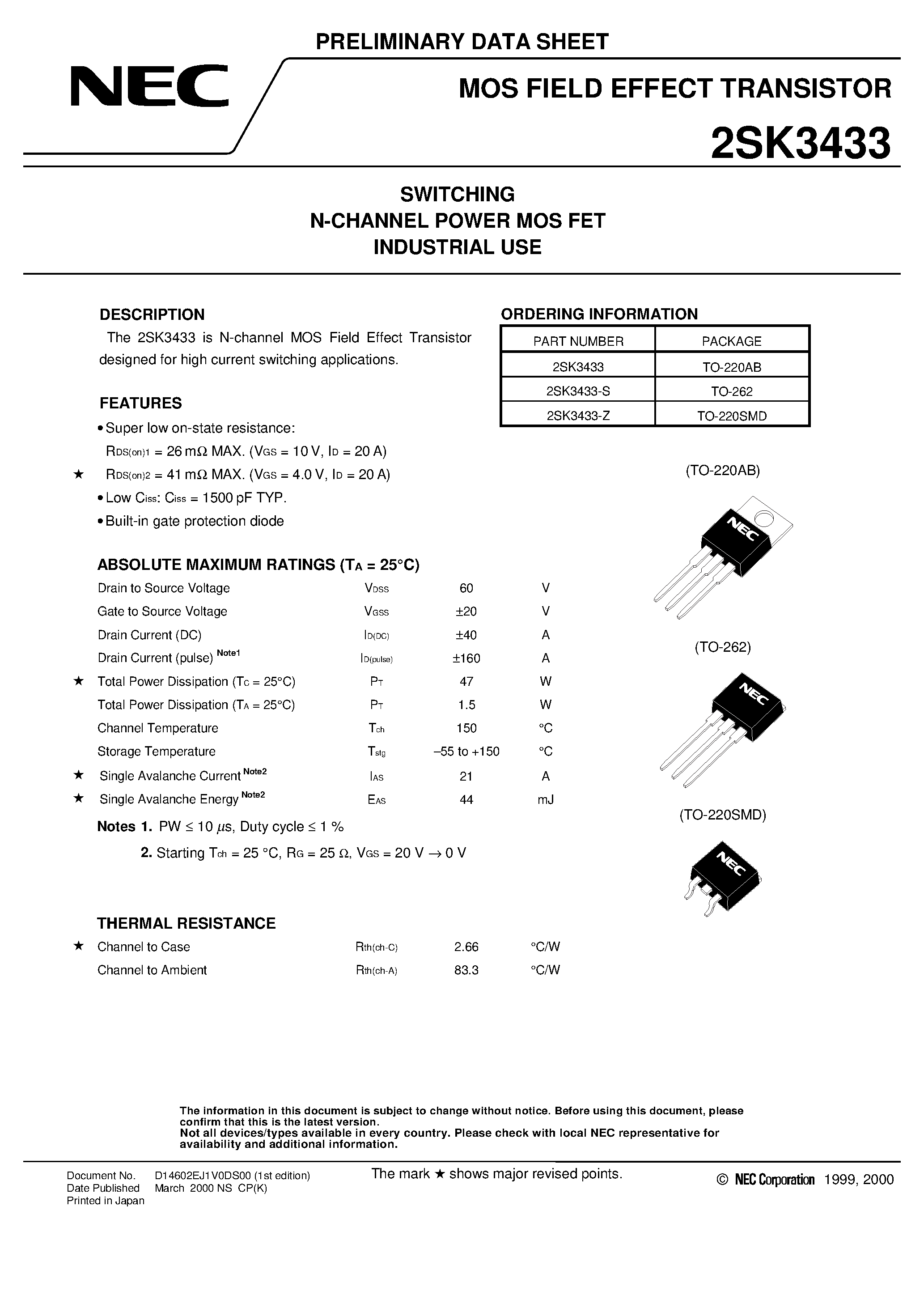 Datasheet 2SK3433-S - SWITCHING N-CHANNEL POWER MOS FET INDUSTRIAL USE page 1
