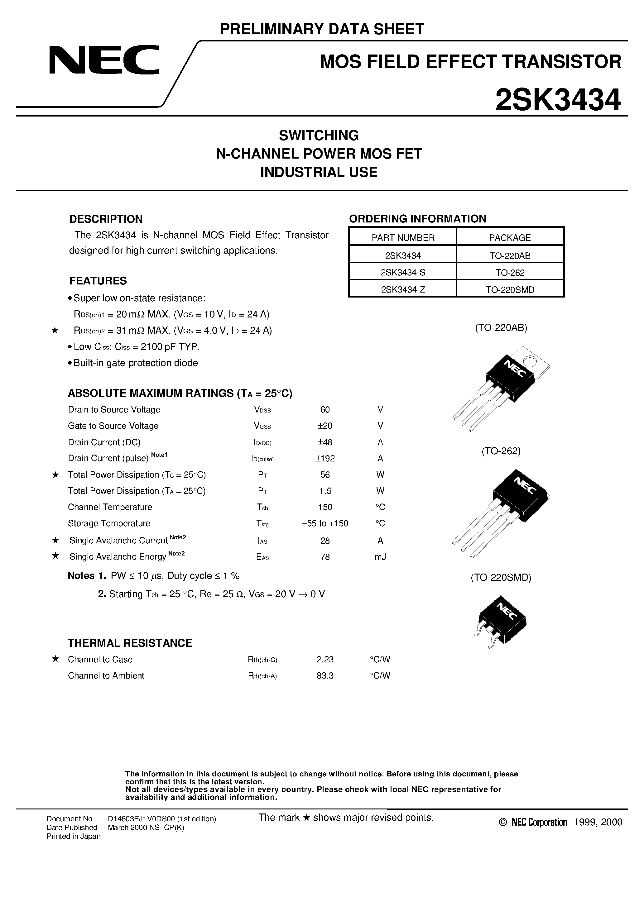 Datasheet 2SK3434 - SWITCHING N-CHANNEL POWER MOS FET INDUSTRIAL USE page 1